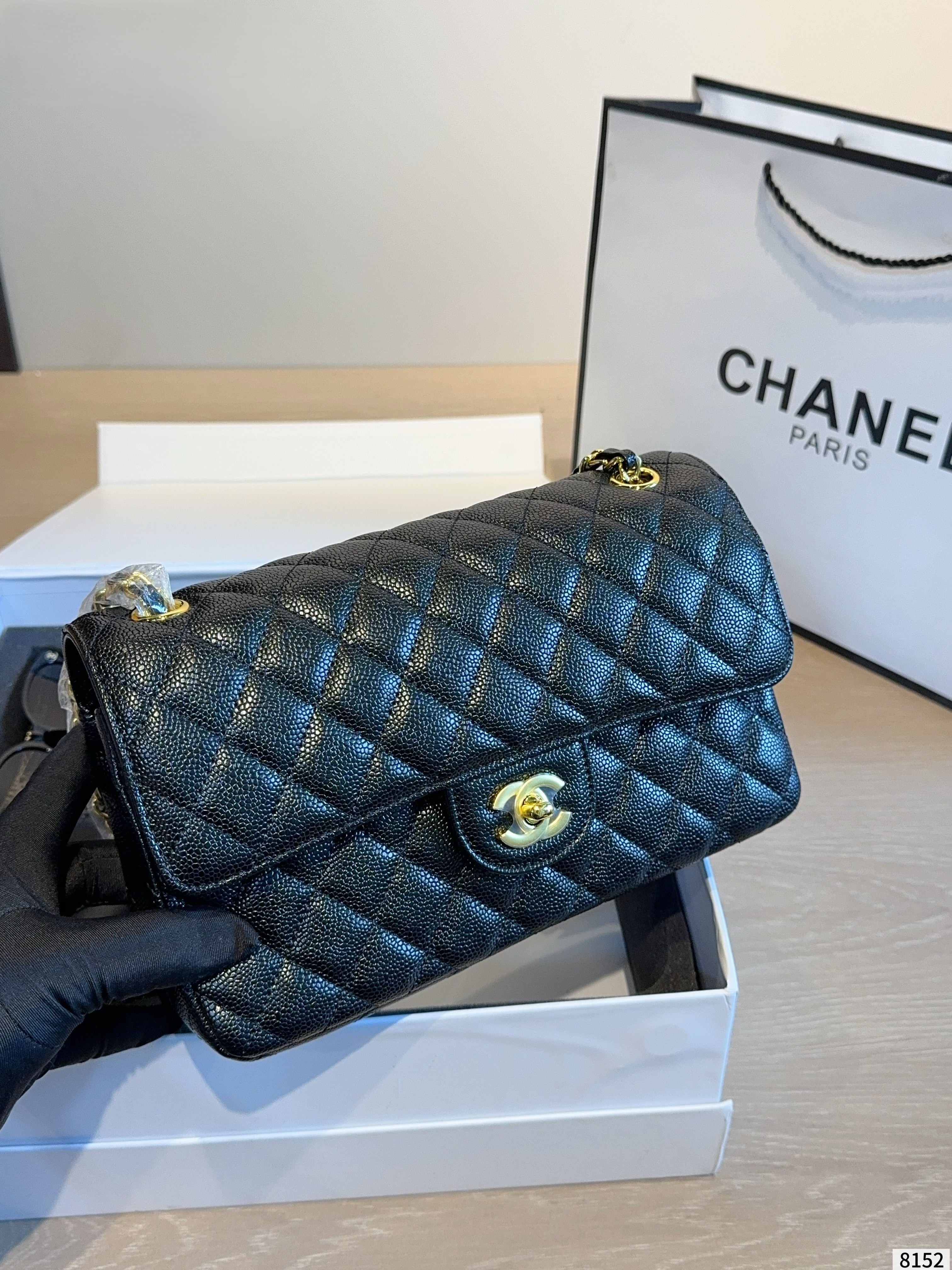 Chanel 4-Piece Gift Set：CF 25CM Caviar Black Double Flap Bag & Sunglasses & Mini Coin Chain Bag & Hair Claw Clip - KAIROO