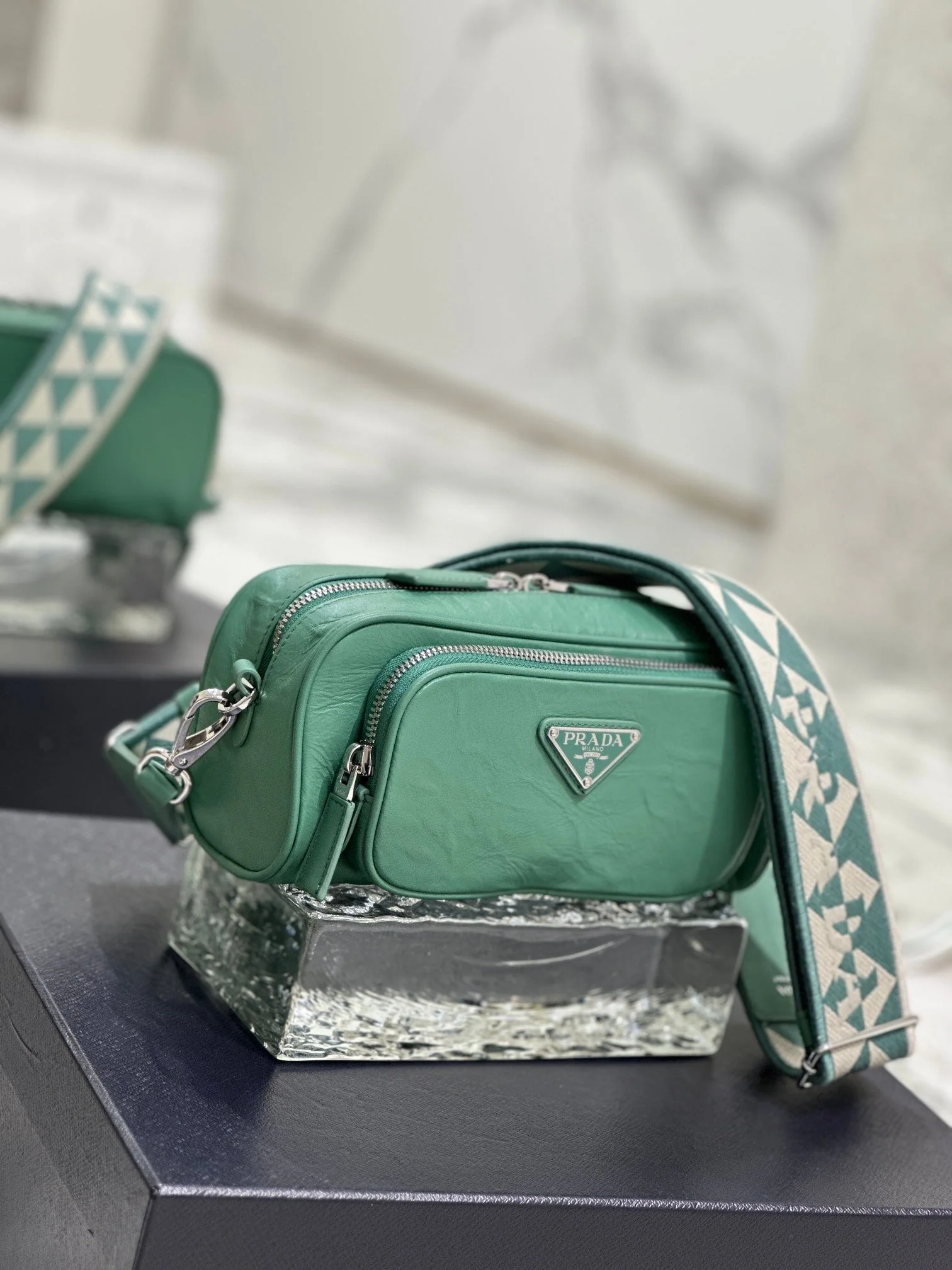 Prada CAMERA BAG 23 IN CASTLETON GREEN WRINKLED LAMBSKIN
