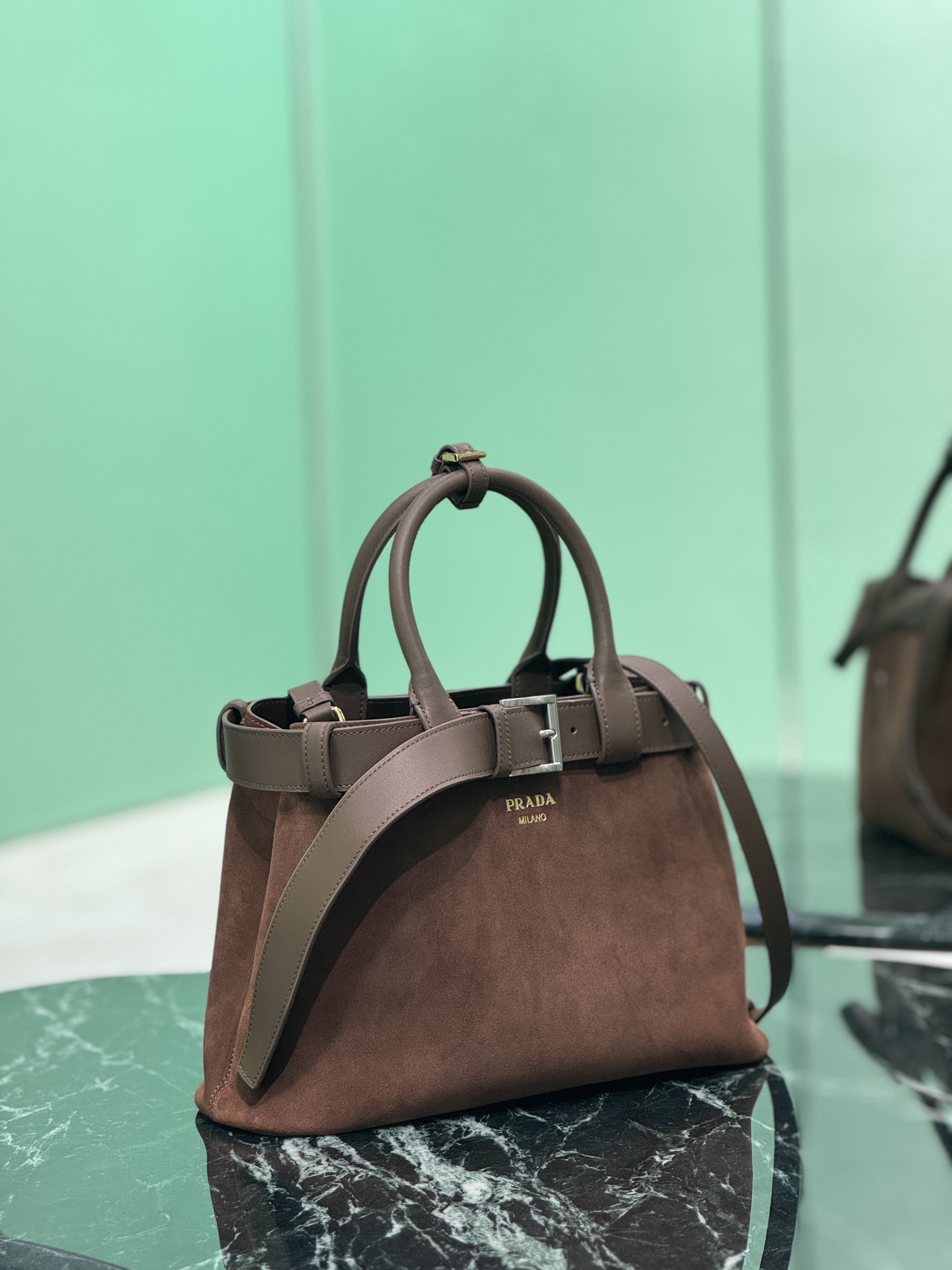 Prada Cocoa Brown Buckle Small suede bag with belt