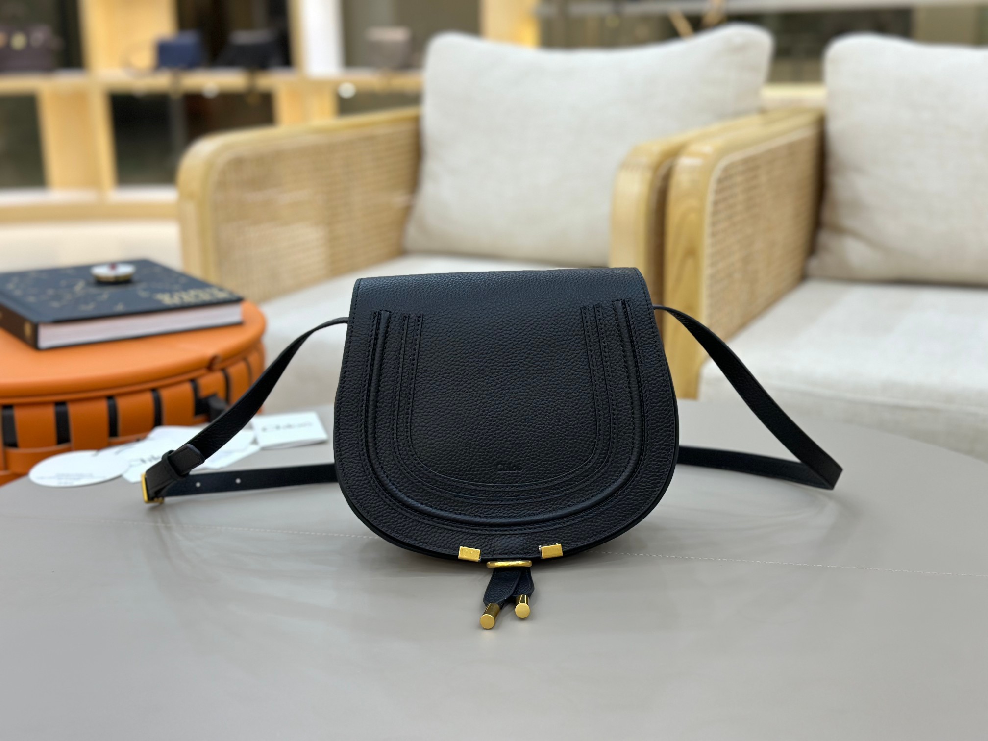 Chloe Marcie Saddle Bag in Grained Calfskin-Black