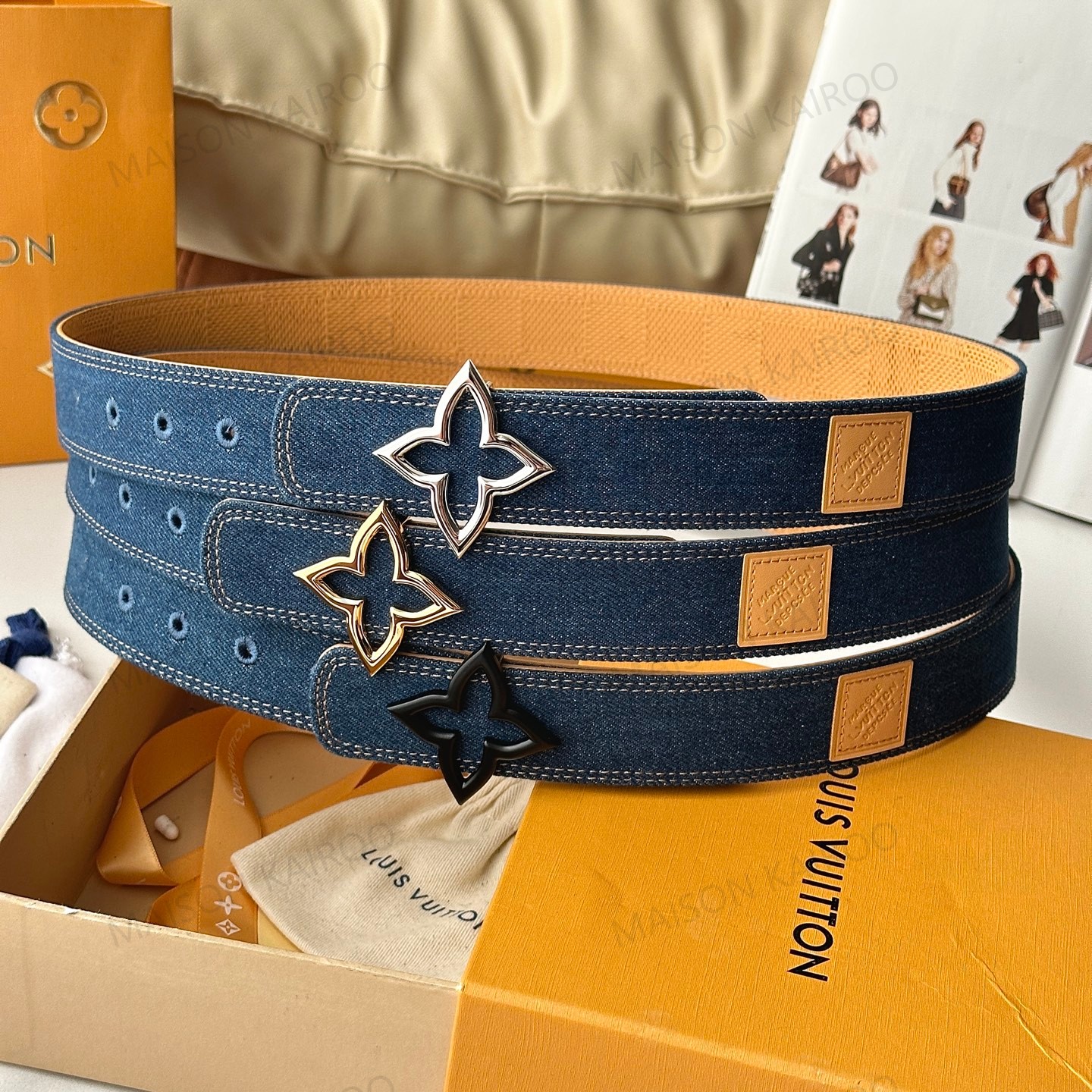 Louis Vuitton LV Denim Hollow Flower Wide Belt 3.5 - KAIROO