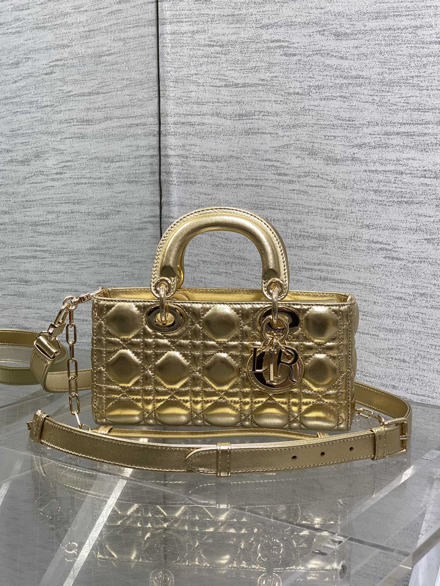 Small Lady D-Joy Bag in Silver Metallic Cannage Leather