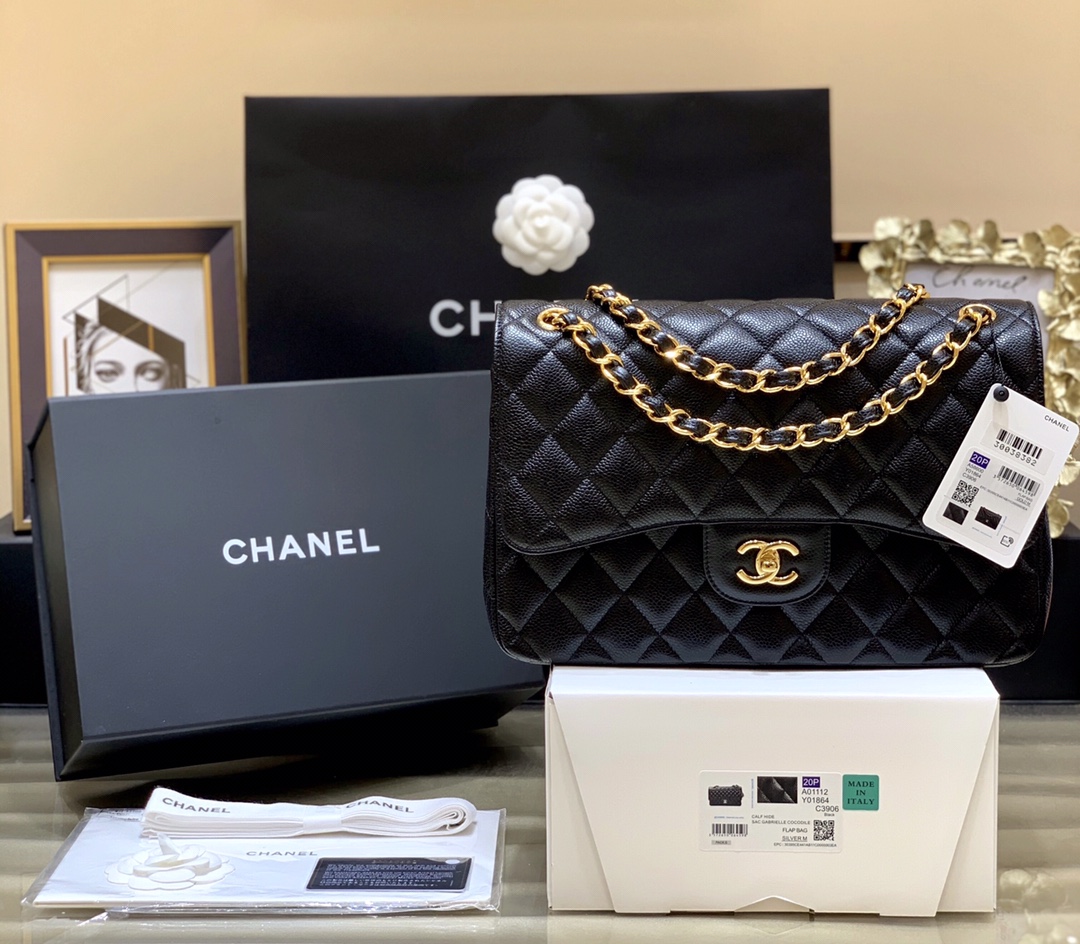 Chanel Large Classic Handbag in Black Caviar leather
