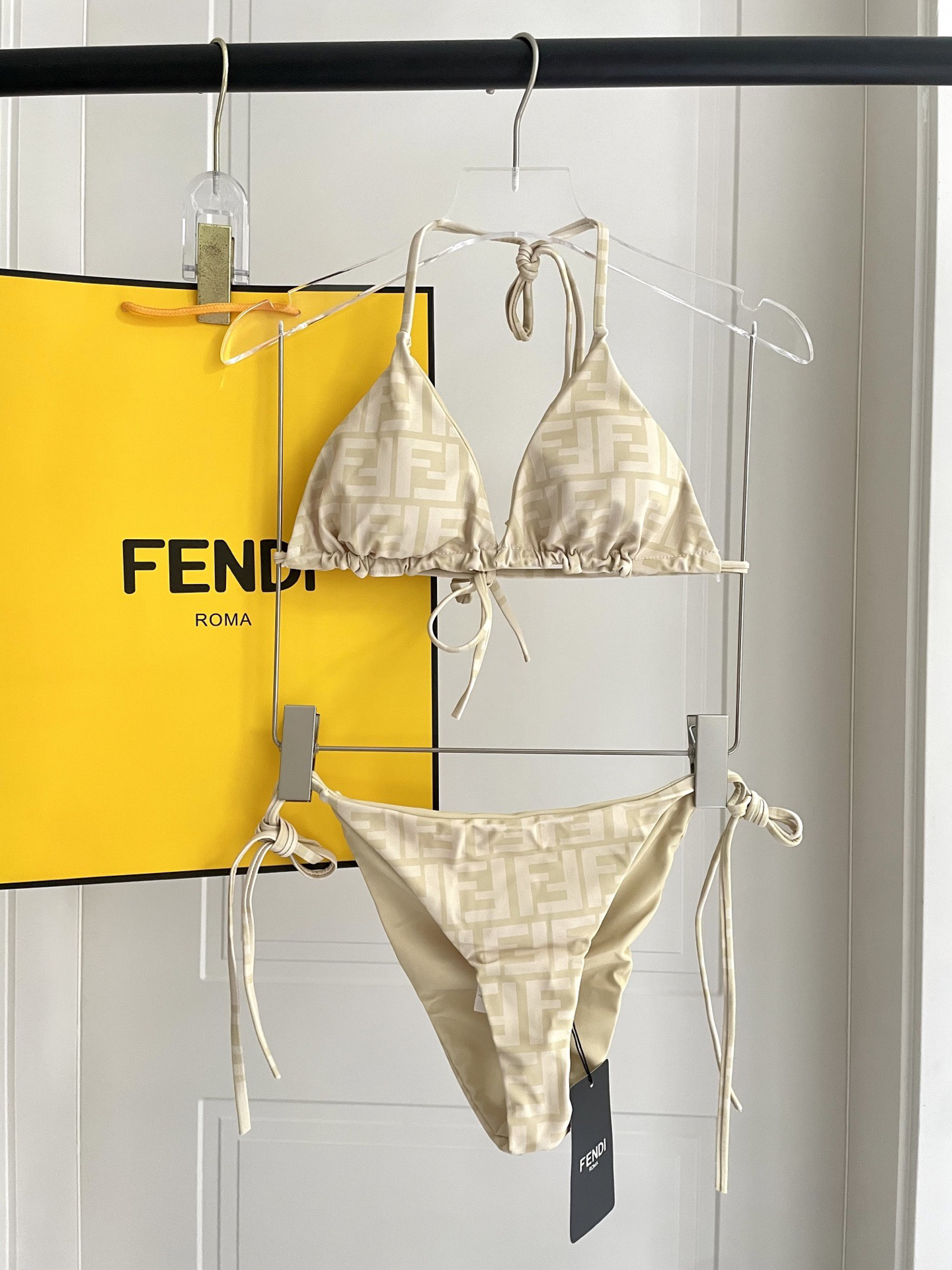 Fendi Beige FF Monogram Print Tie Strap Triangle Bikini Two-Piece Swimsuit - KAIROO