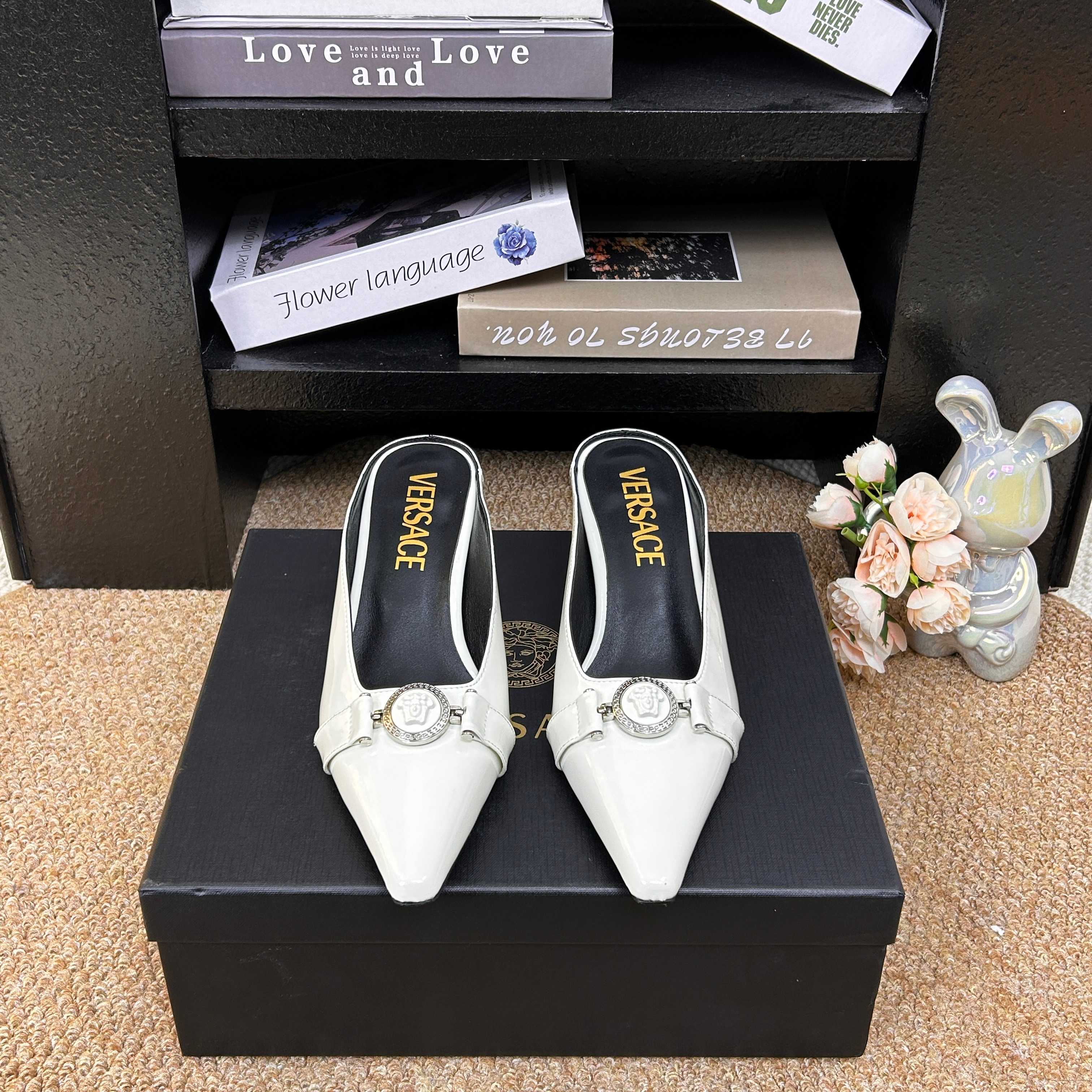 Versace Shiny Leather Heeled Slides