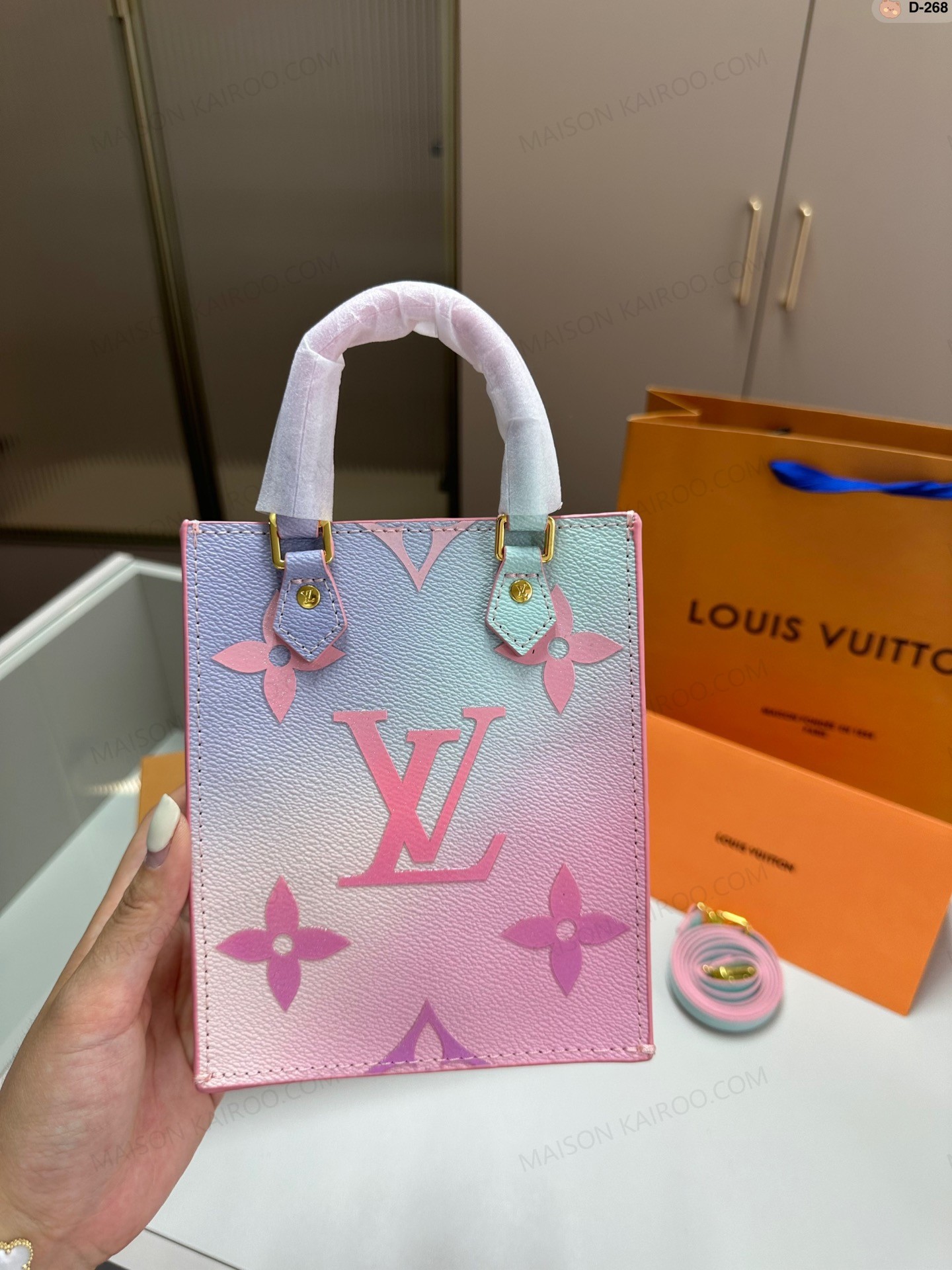 Louis Vuitton LV Petit Sac Plat Mini Sunrise Pastel Monogram Canvas Leather Vertical Tote Bag - KAIROO