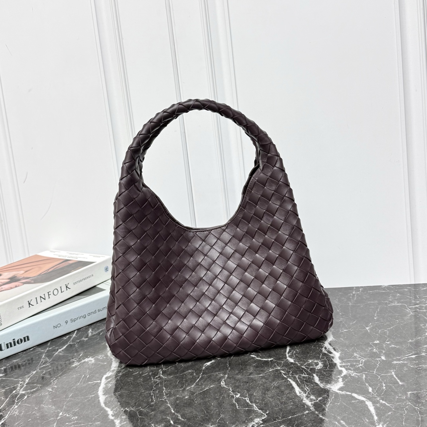 Bottega Veneta Medium Campana Shoulder Bag in Deep mahogany Intrecciato leather