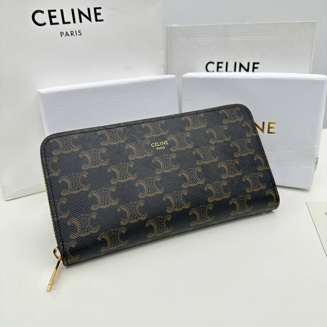 Celine Black Triomphe Monogram Canvas Gold Zip-around Large Wallet - KAIROO