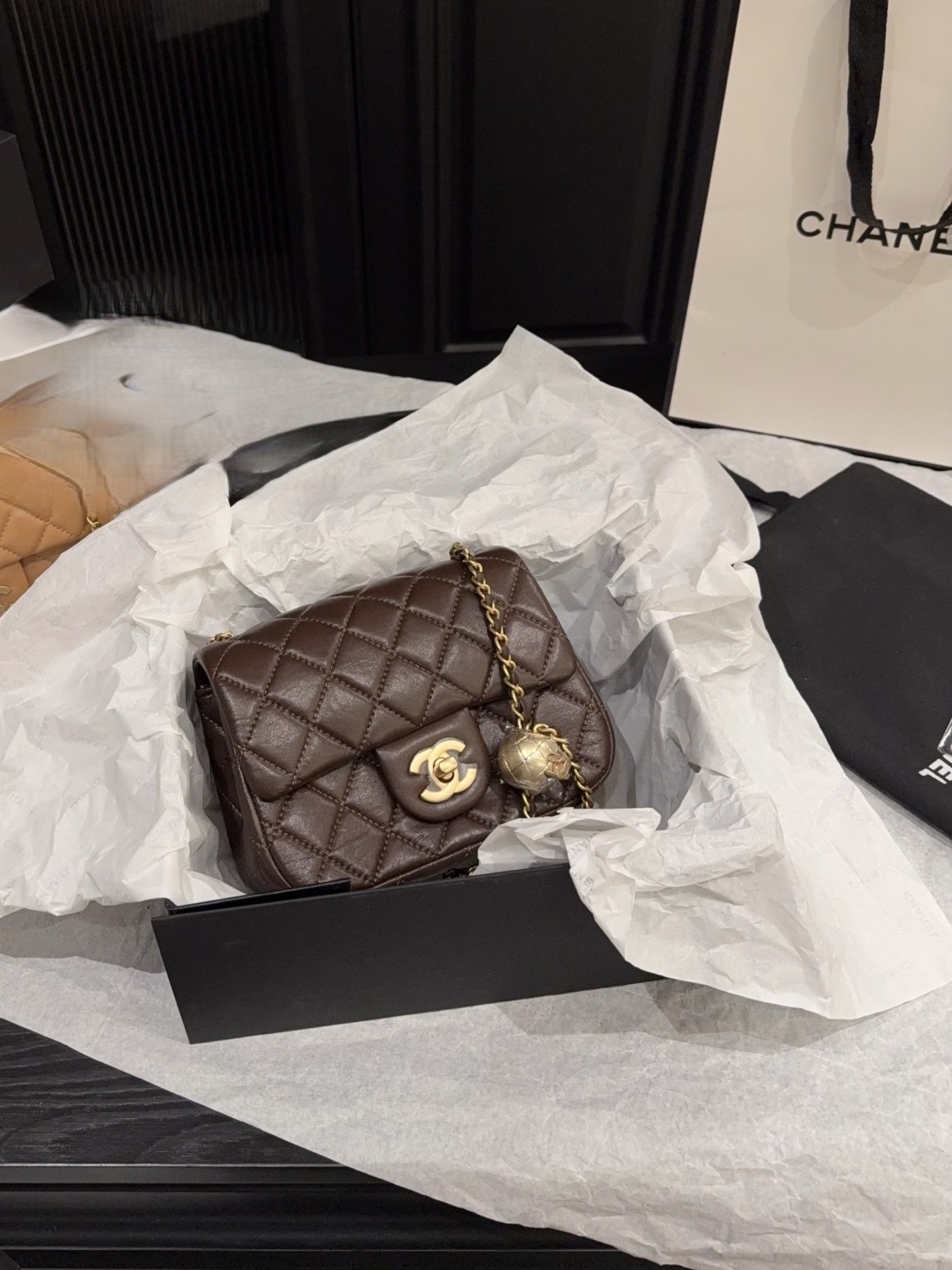 Chanel Mini Square CF 17CM Gold Ball Pearl Crush Quilted Leather Flap Chain Shoulder Bag - KAIROO