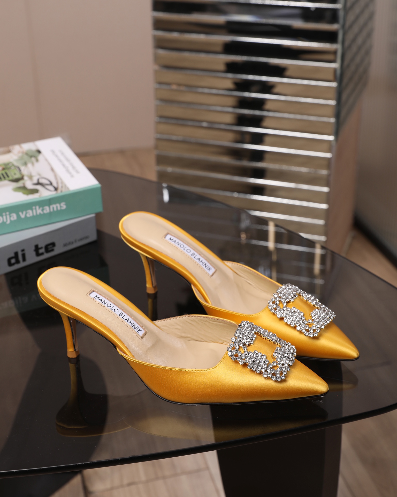 Manolo Blahnik Swarovski Crystal Satin Heeled Slide