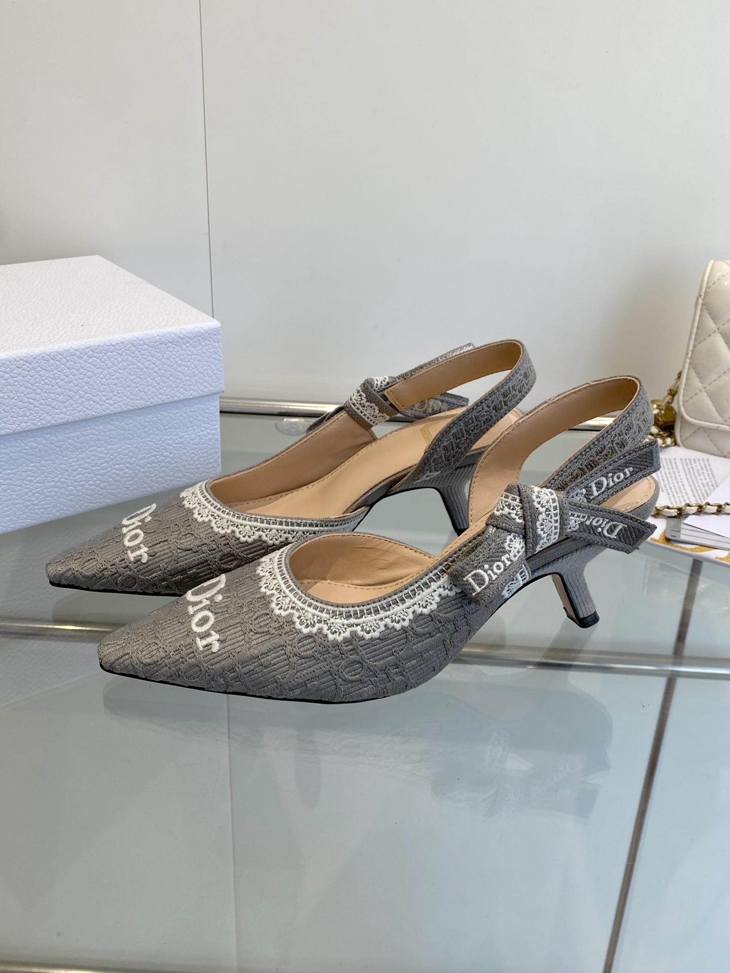 Dior J'Adior Grey Oblique Jacquard Lace Ribbon Embroidered Logo Bow Lambskin Lining Slingback Heels Sandals - KAIROO