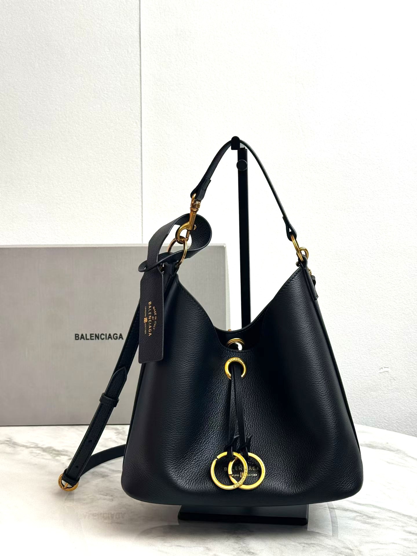 Balenciaga Duty Free Small Black Pierced Soft Grained Leather Gold Ring Hobo Tote Bag - KAIROO