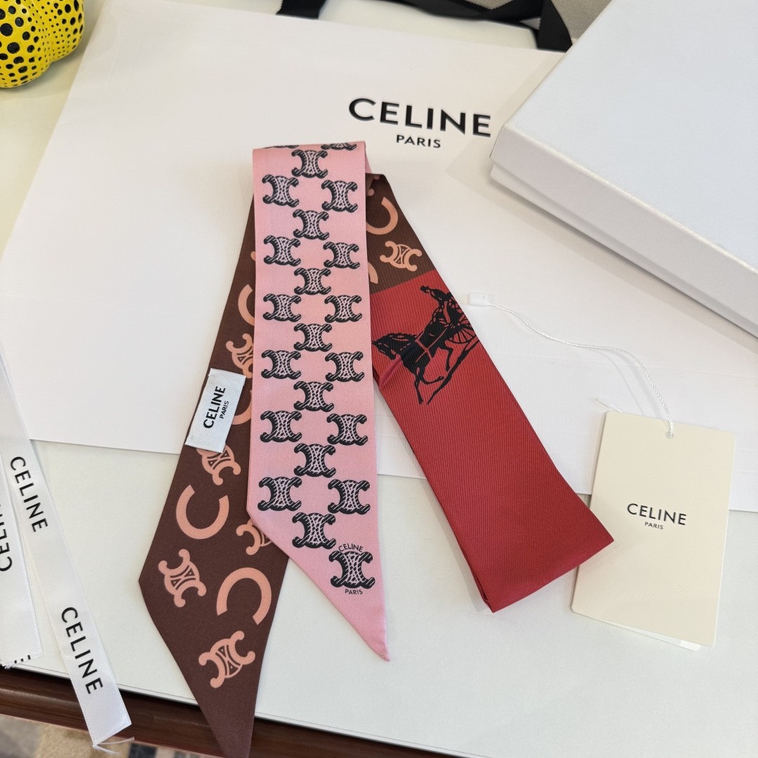 Celine Red Pink Chocolate Carriage Triomphe Monogram Pattern Silk Twill Skinny Scarf - KAIROO