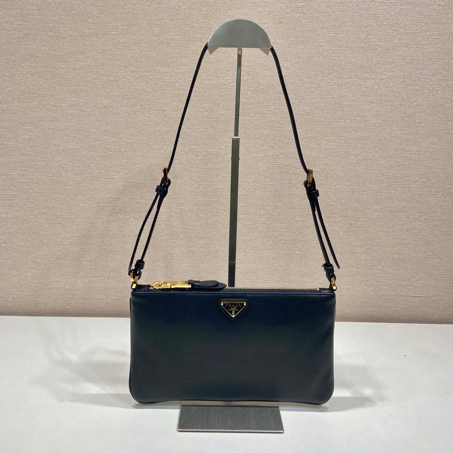 Prada TRIANGLE LOGO SHOULDER BAG 24 IN BLACK SMOOTH CALFSKIN