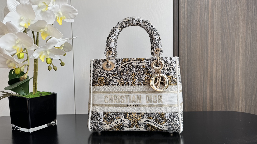 Medium Lady D-Lite in Embroidered Canvas
