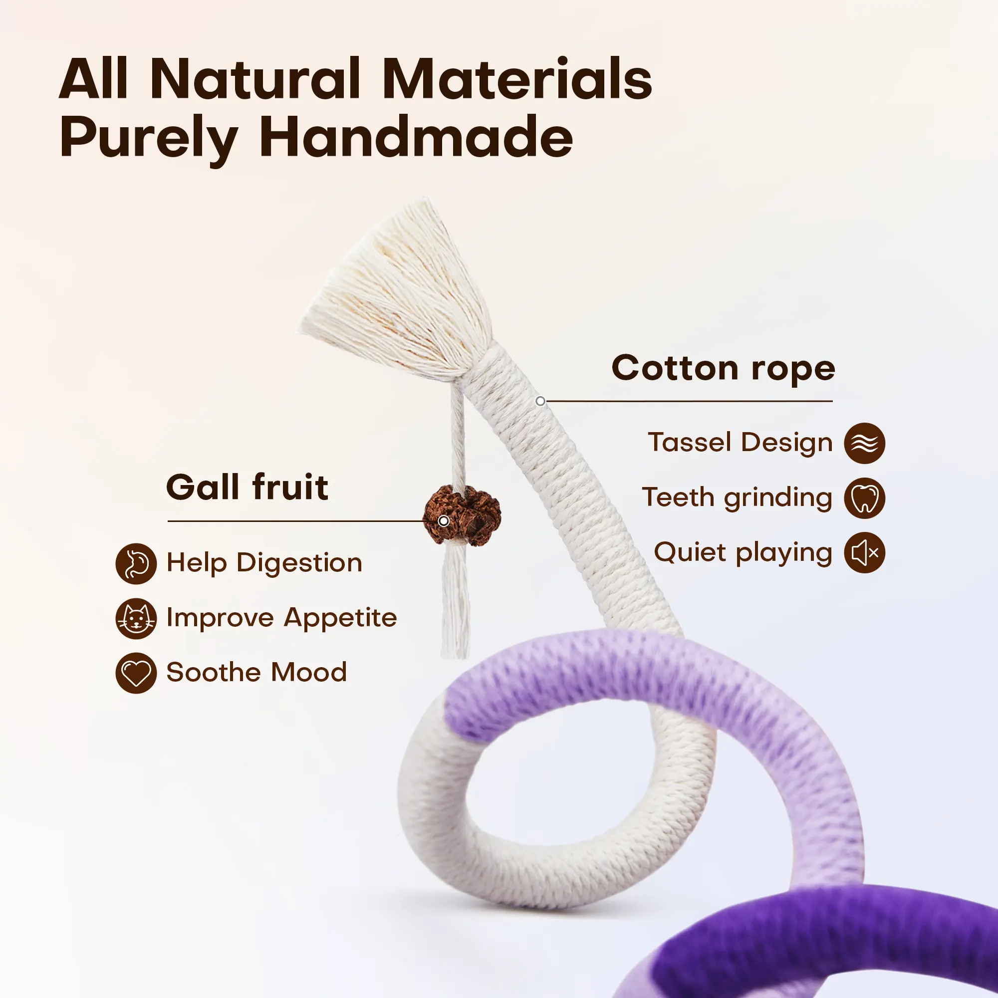 Potaroma Organic Cat Chew Ropes - Natural Gall Fruit Infused Dental Toys for Indoor Kittens - Metal-Free Cotton Cleaning & Calming Set