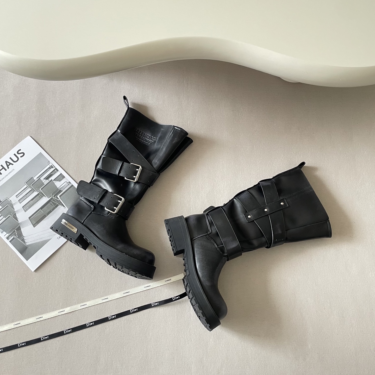 Balenciaga Strike Black Leather Multi-Buckle Strap Embossed Logo Moto Tall Combat Boots - KAIROO