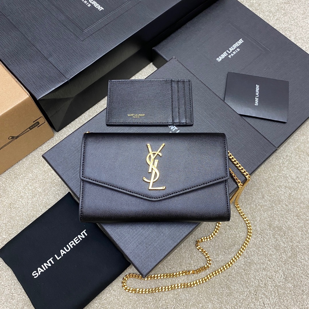 Saint Laurent Black Uptown Chain Wallet in Grained leather