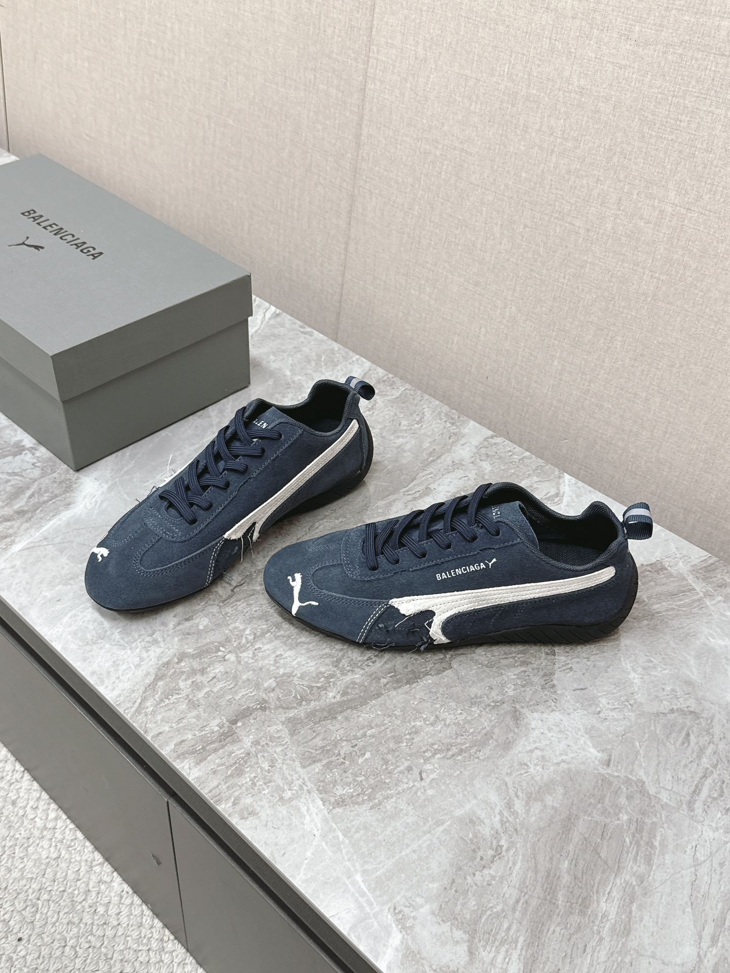 Balenciaga x Puma Navy Worn-Out Broken Logo Leather Suede Speed GAT Sneakers - KAIROO