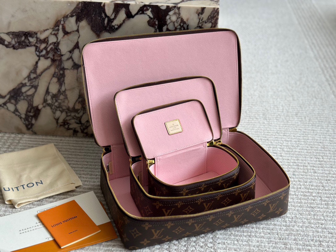 Louis Vuitton LV Monogram Brown Canvas Pink Lining Nice Vanity Jewelry Case Travel Top Handle Bag - KAIROO