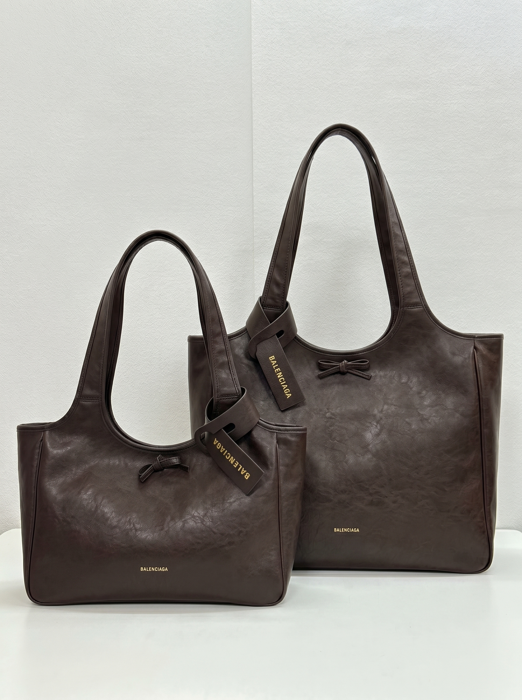 Balenciaga Bel Air Small& Large Chocolate Smooth Leather Bow Detail Handle Shoulder Tote Bag - KAIROO