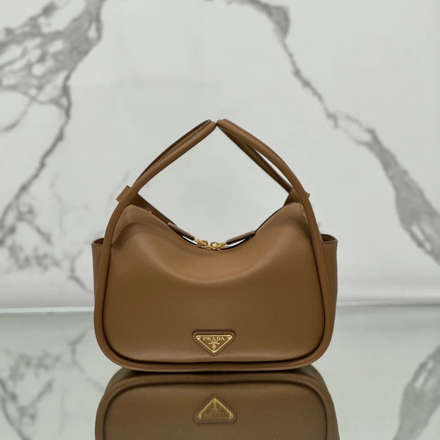 Prada DARLING HANDBAG 25 IN RUSSET BROWN SOFT GRAIN LAMBSKIN