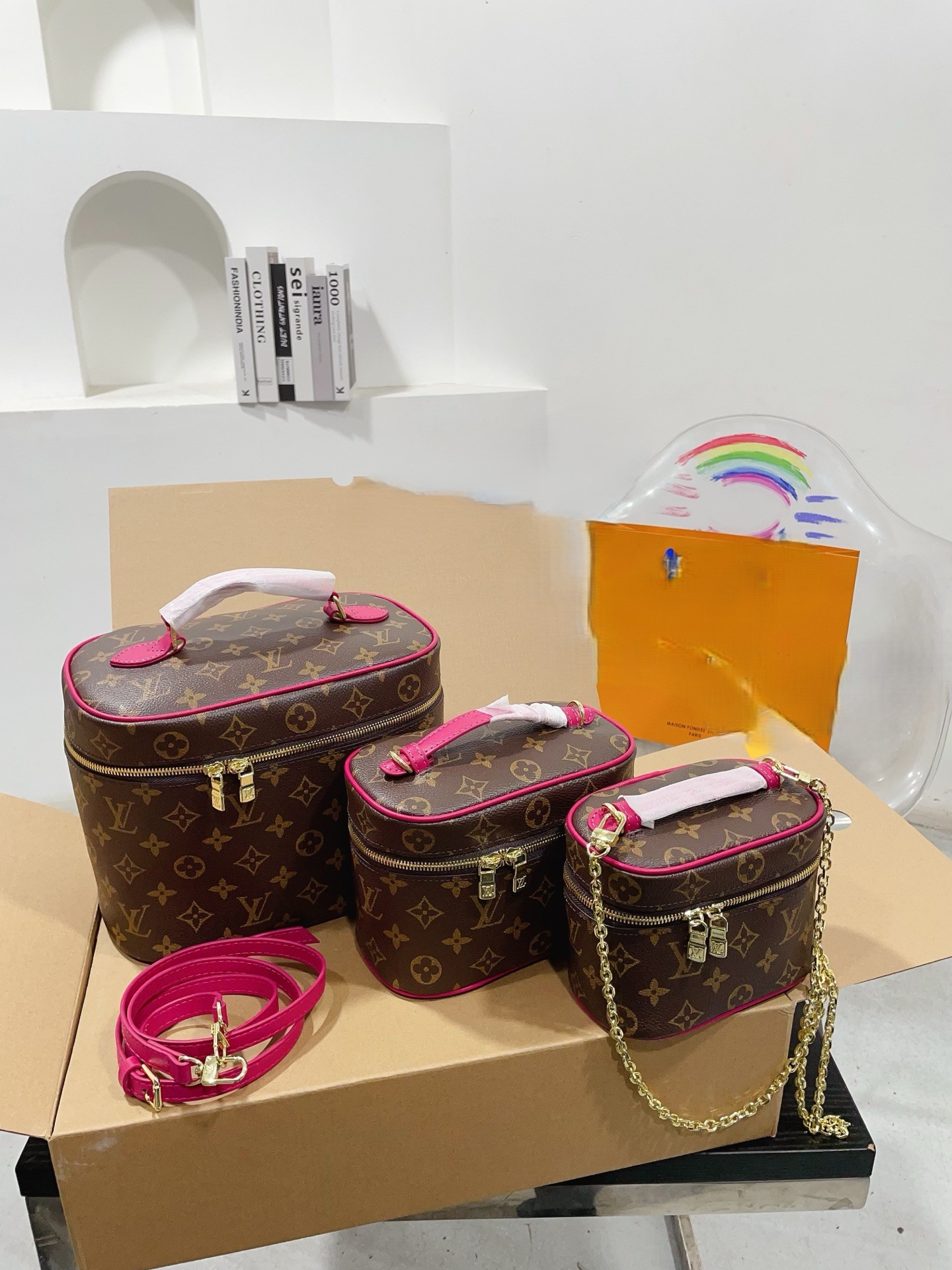 Louis Vuitton LV Fuchsia Pink Trim Nice Vanity Case Box Monogram Coated Canvas Shoulder Top Handle Bag - KAIROO
