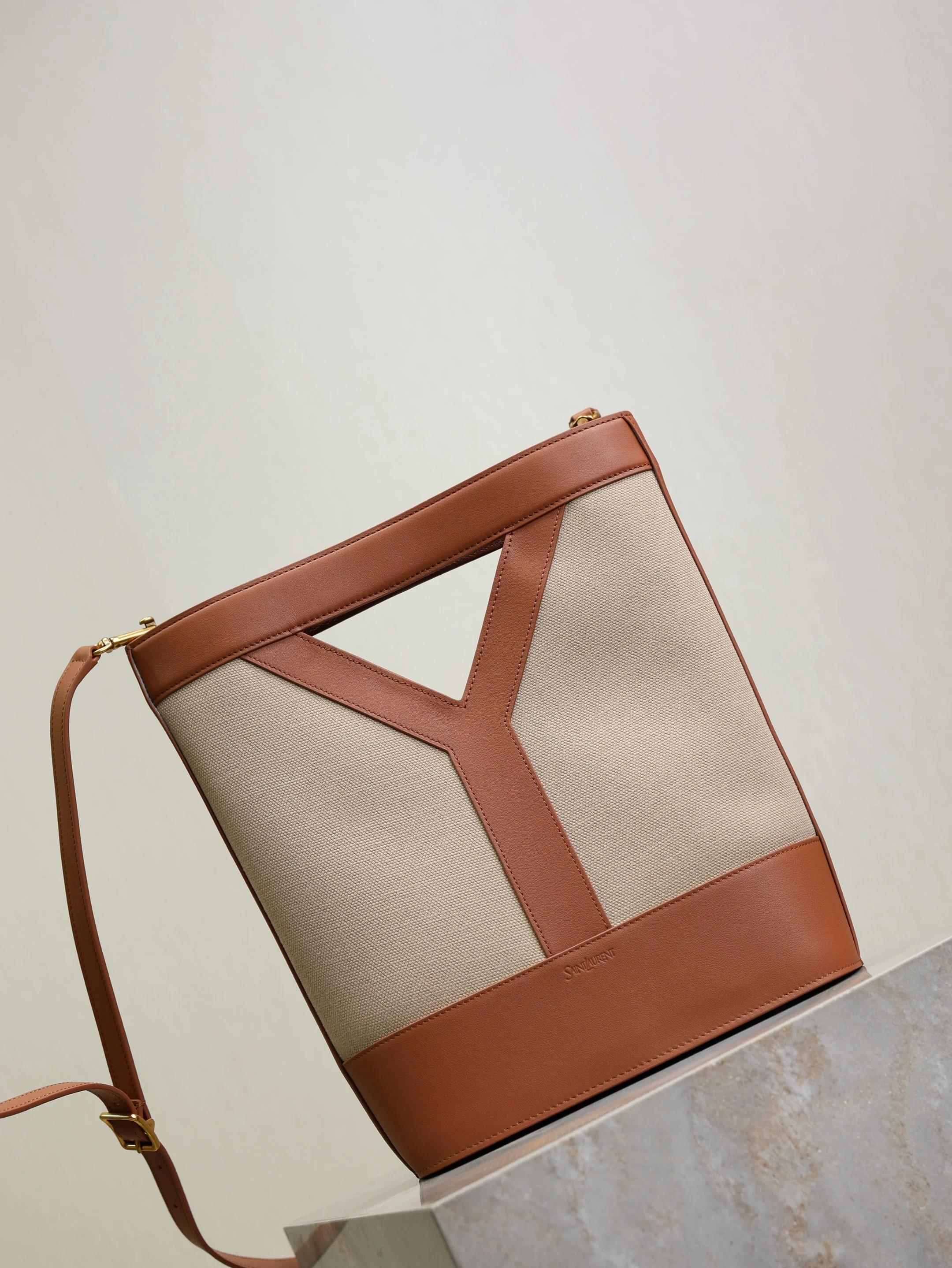 Saint Laurent YSL Small Bucket 23cm Caramel Beige Canvas Leather
