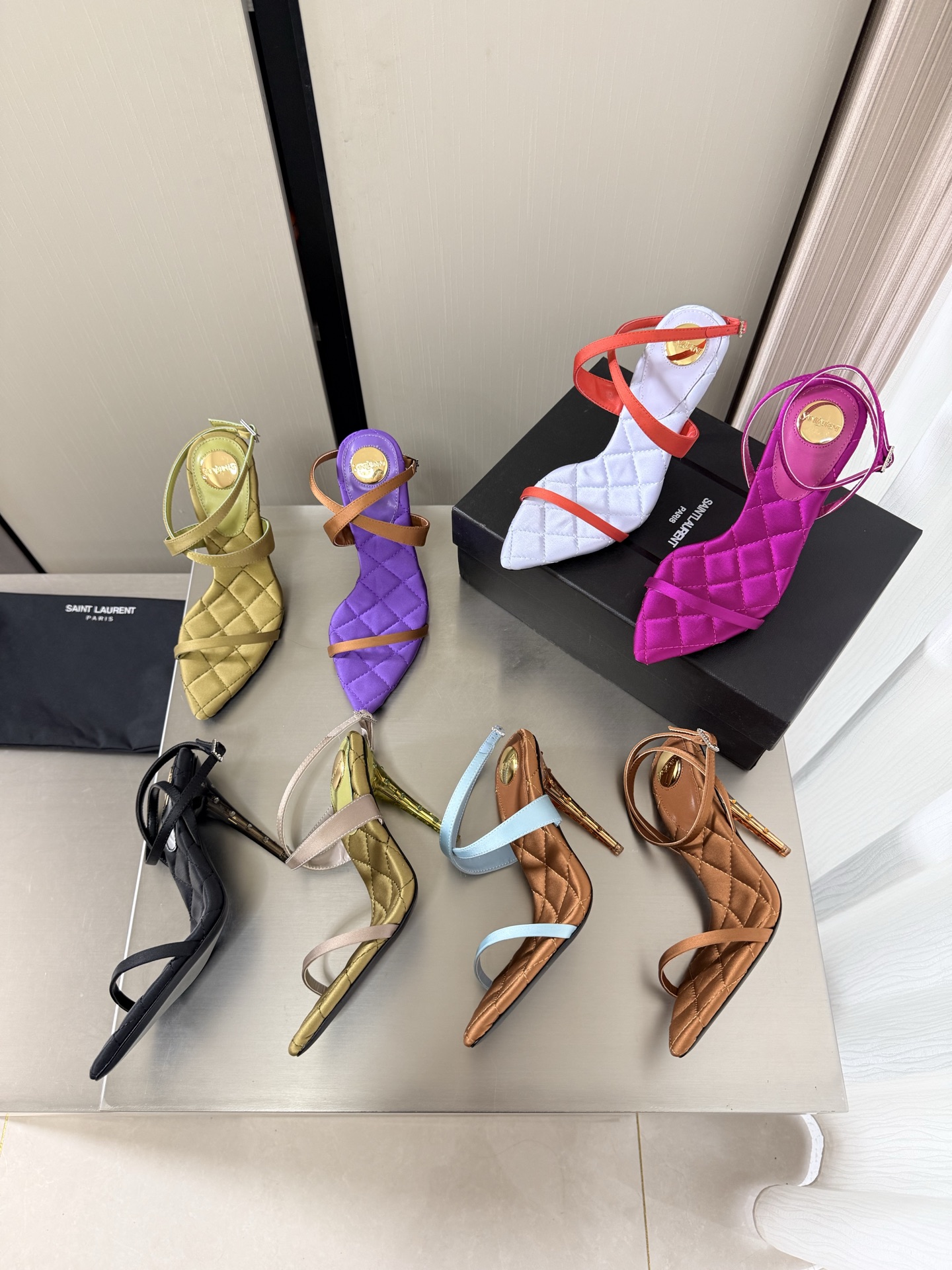 Saint Laurent Pointed Toe Strappy Diamond Quilted Insole Strass Embellished Stiletto Heel Slingback Sandals - KAIROO