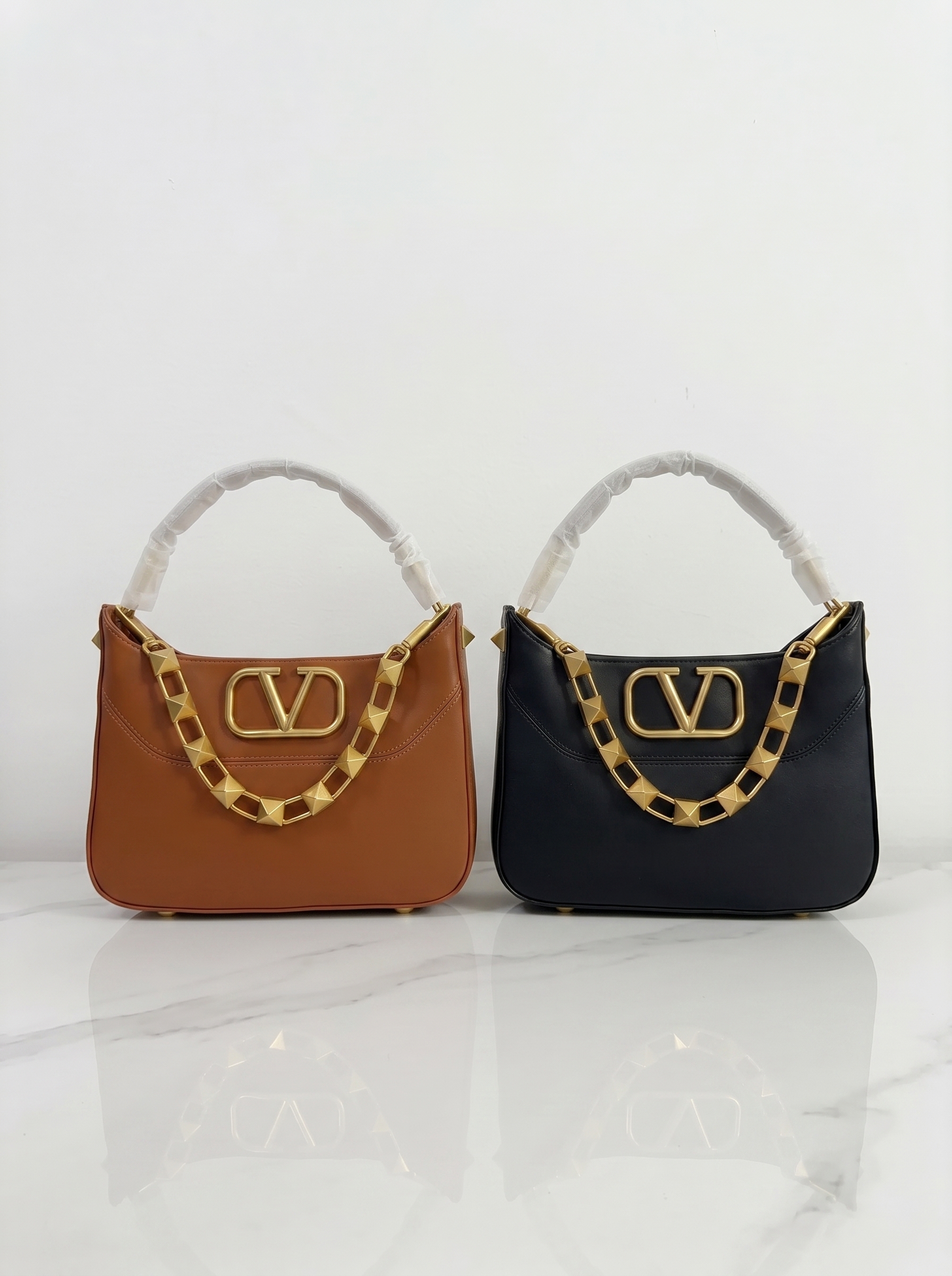 Valentino VLogo Smooth Leather Pyramid Studded Chain Link Curved Topline Hobo Shoulder Bag - KAIROO