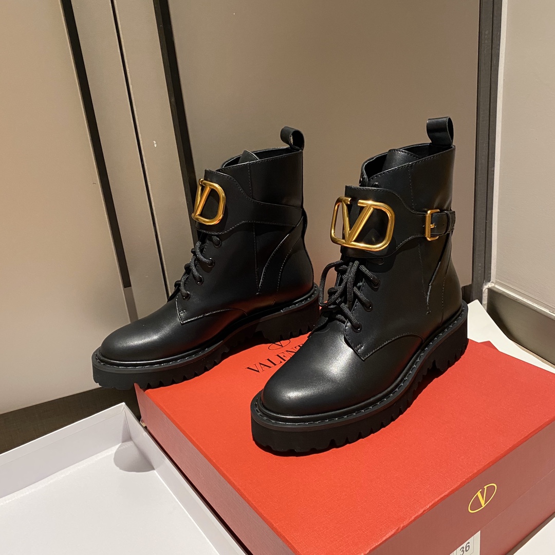 Valentino Garavani VLogo Signature Gold Finish Buckle Leather Lug Sole Combat Boots - KAIROO