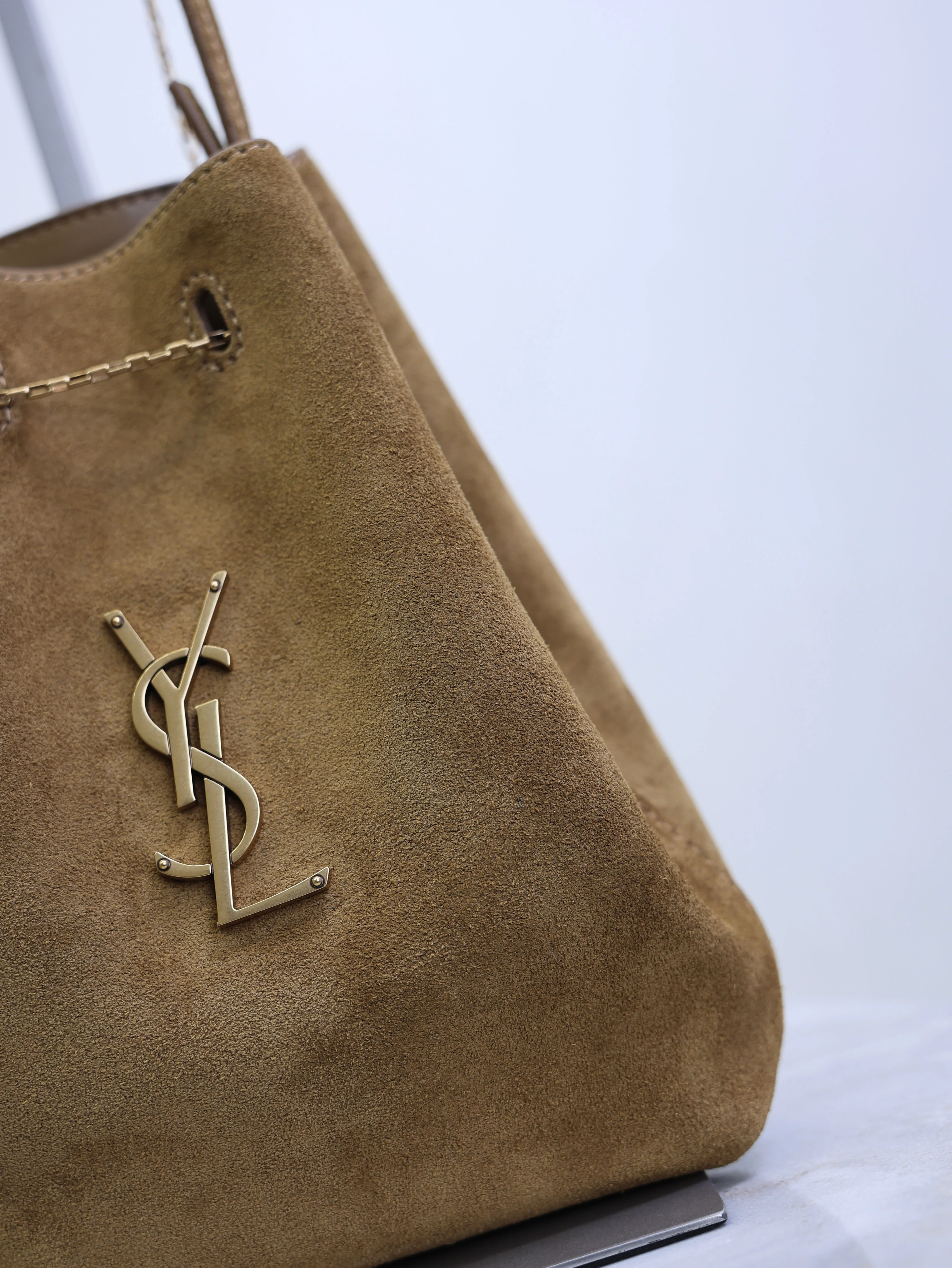 Saint Laurent YSL Pochon Bucket Bag 20cm Brown Suede Bronze-Tone HW