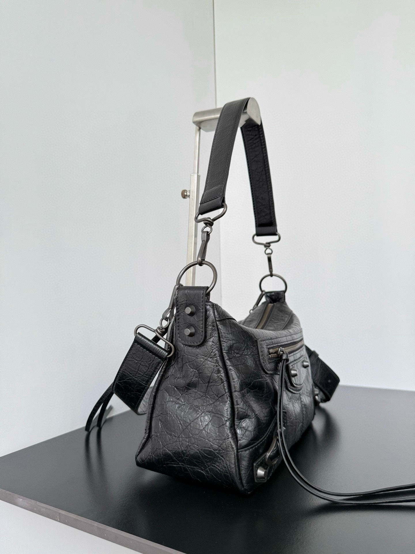 𝐁alenciaga Le City Moto Bag Small in Black Lambskin