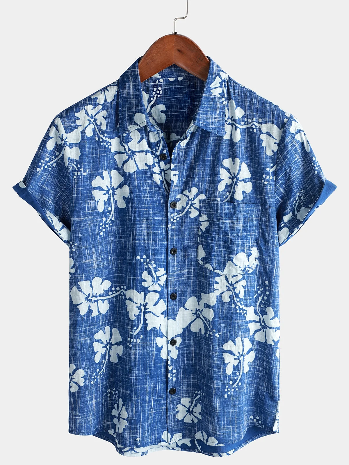 Men's Blue Tropical Hawaiian Button-Up Short Sleeve Shirt
