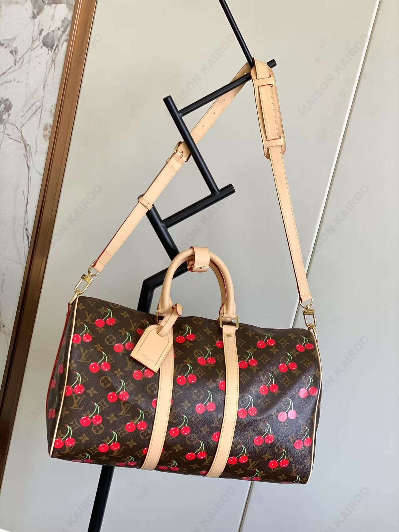 Louis Vuitton LV x TM Keepall Bandouliere 45 Brown Cerises Monogram Coated Canvas Travel Bag - KAIROO