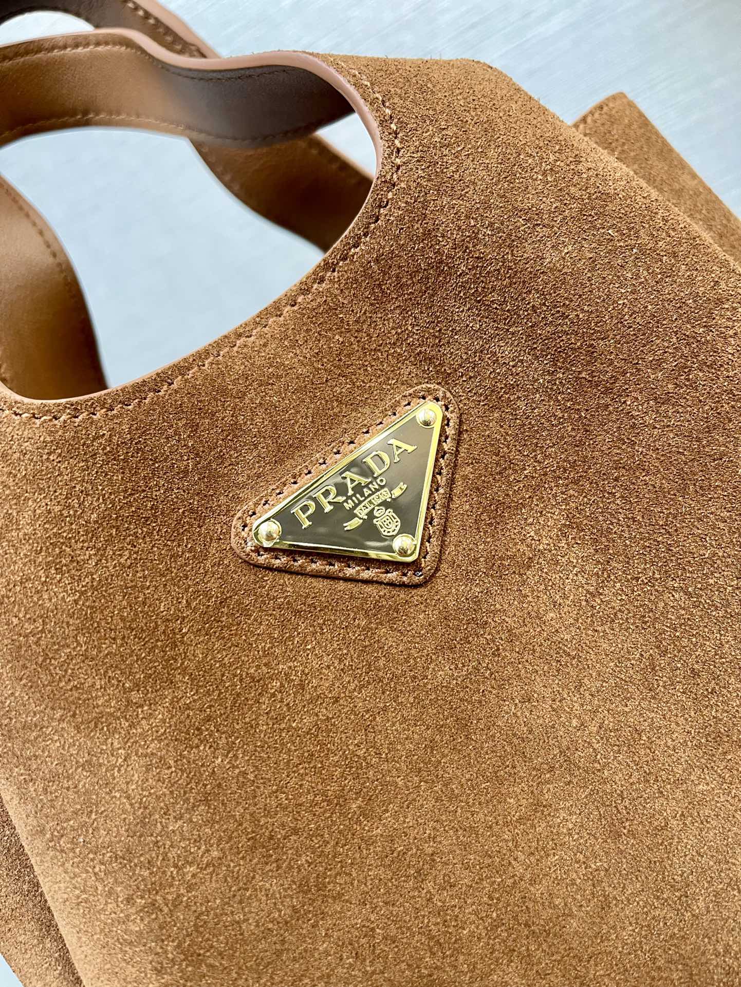 Prada  MINI TOTE BAG 18 IN RED BROWN SUEDE GOLD LOGO