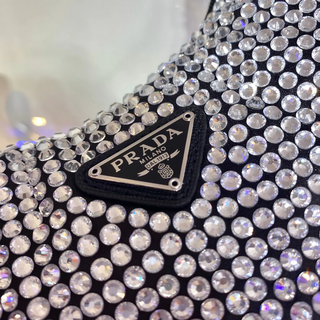 Prada SPARKLING HOBO BAG 23 IN BLACK NYLON ATTACHED FULLY CRYSTALS