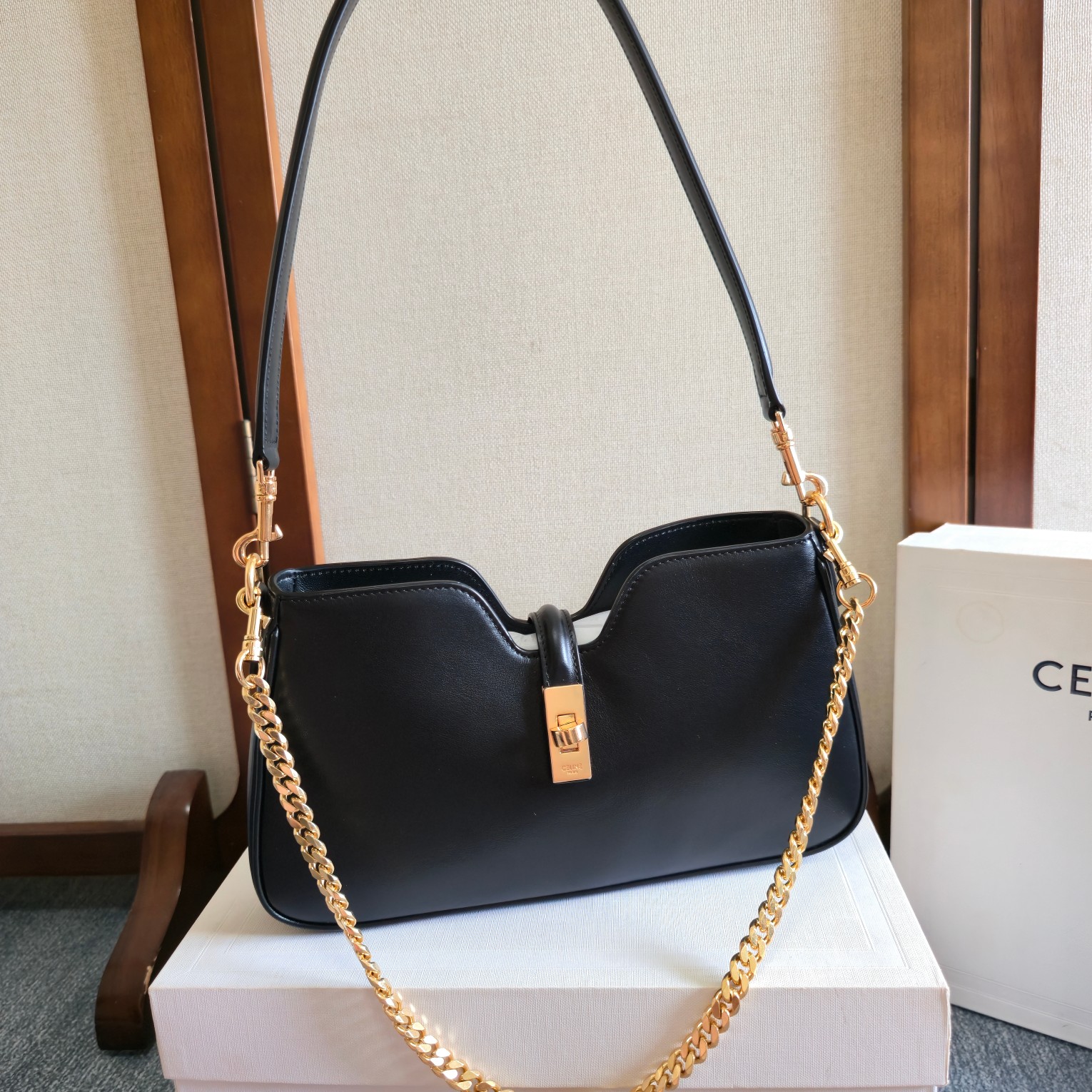Celine Camille Hobo in Naturel Calfskin-Black