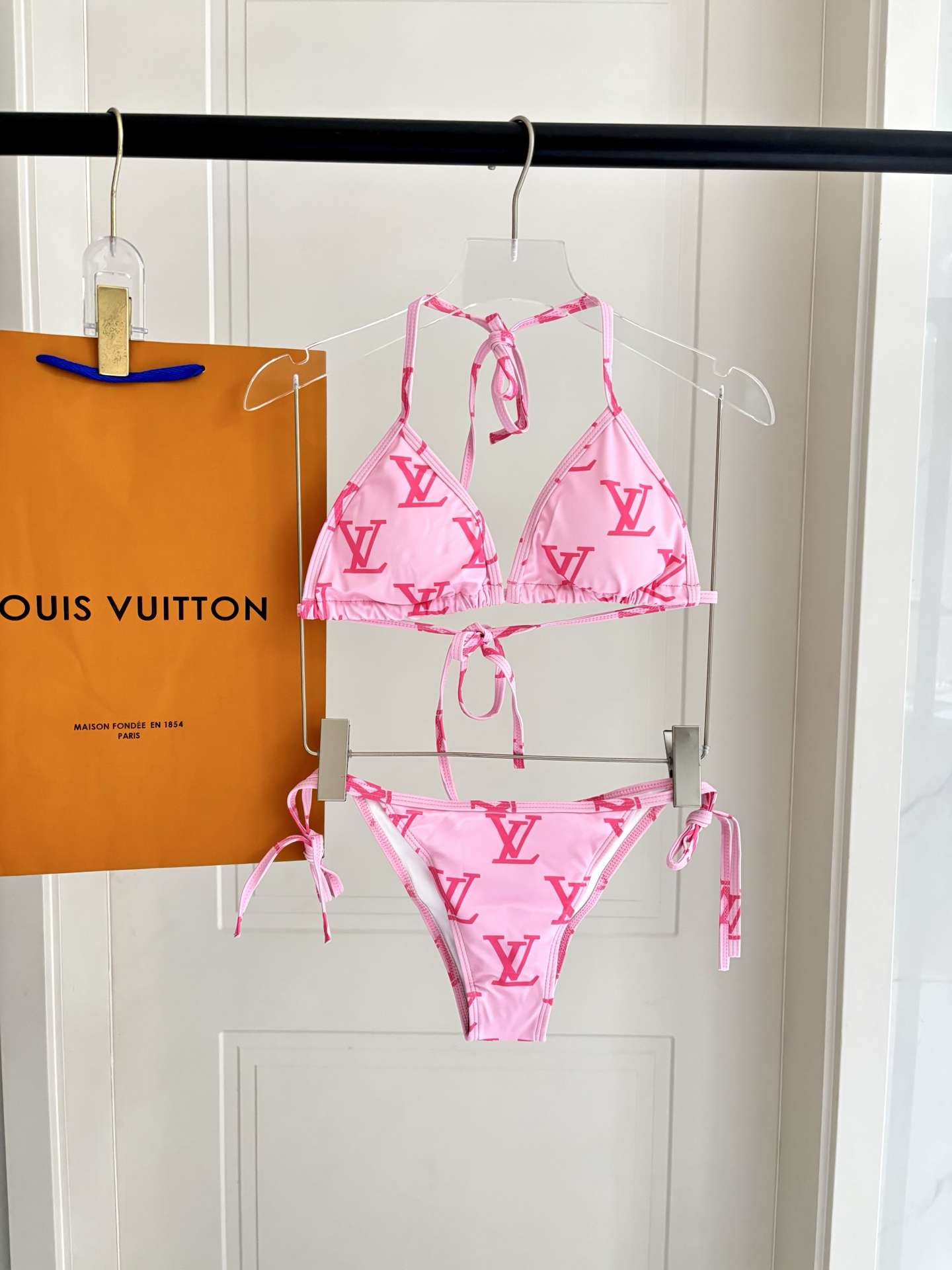 Louis Vuitton LV  Pink Initials Print Tie Strap Triangle Bikini Two-Piece Swimsuit - KAIROO