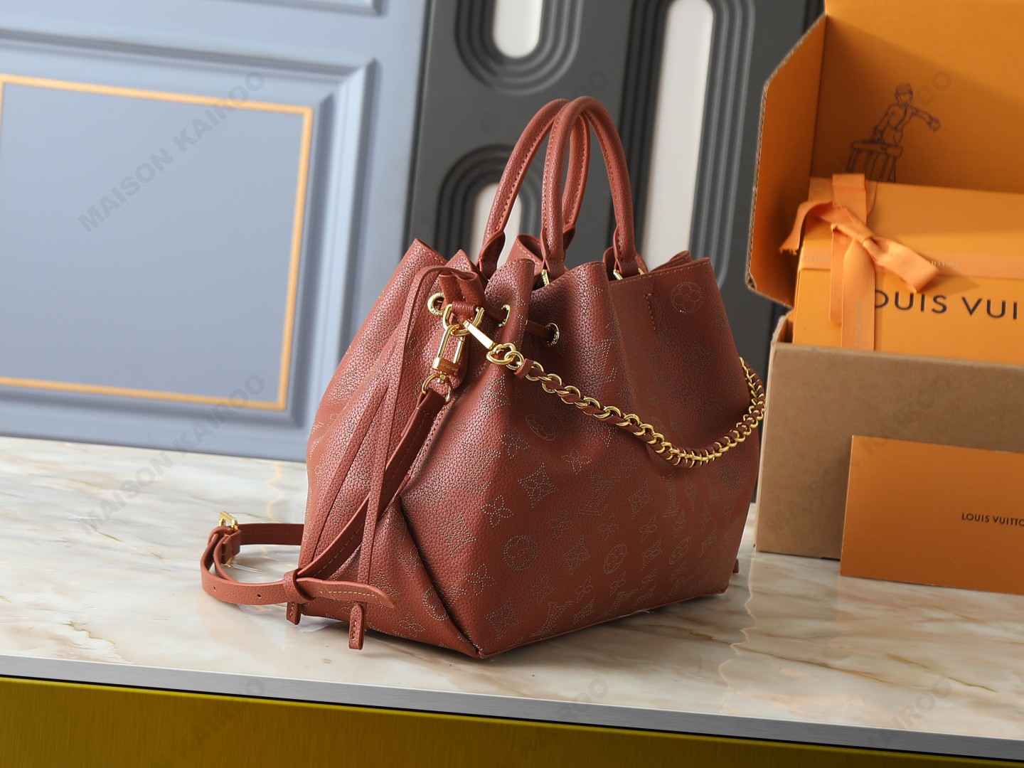 Louis Vuitton LV Mahina Bella Tote Rust Cognac Perforated Monogram Leather Drawstring Bucket Top Handle Bag - KAIROO