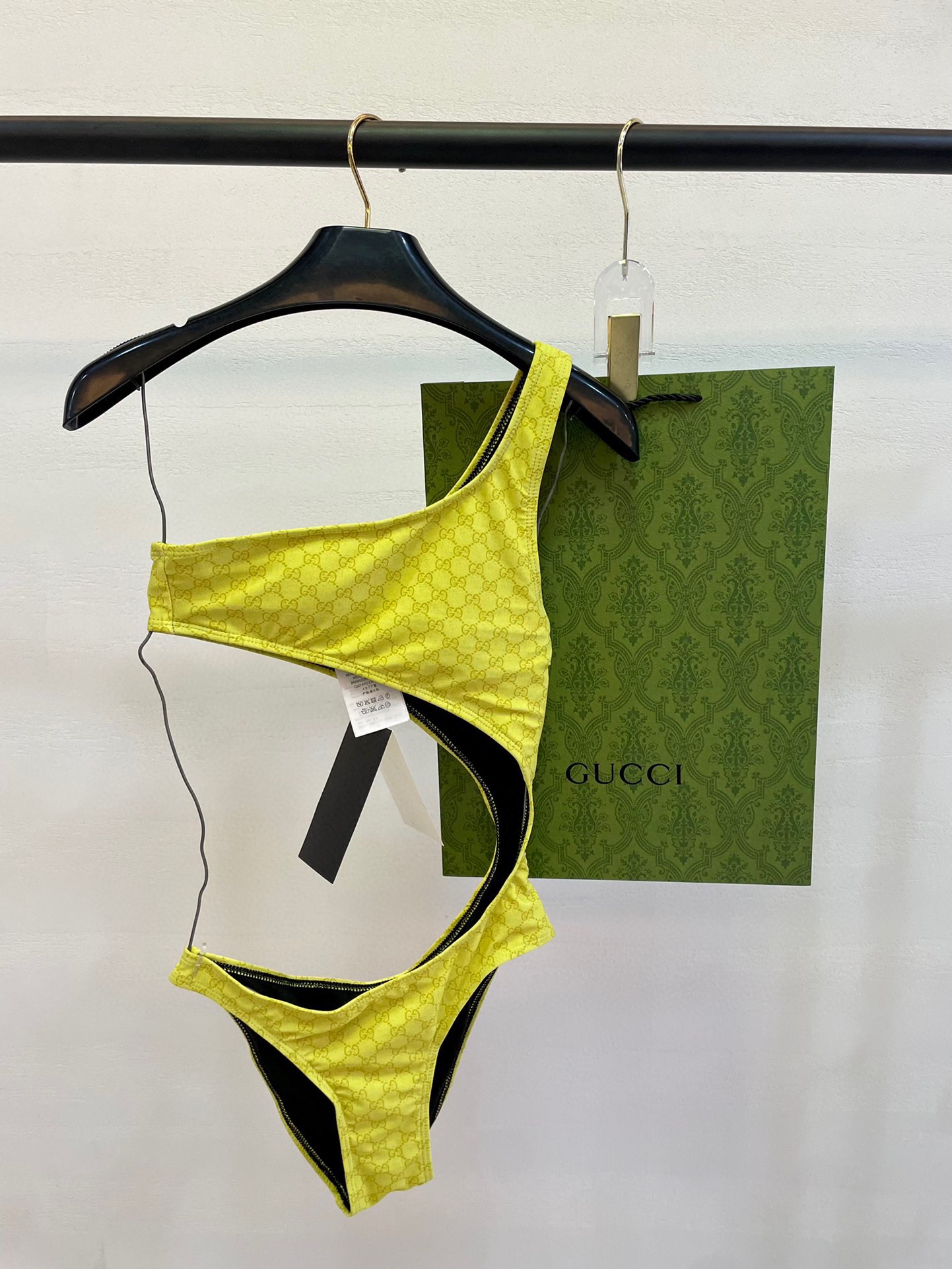 Gucci Monogram GG Print Lemon Yellow One-Shoulder Cutout One-Piece Swimsuit - KAIROO