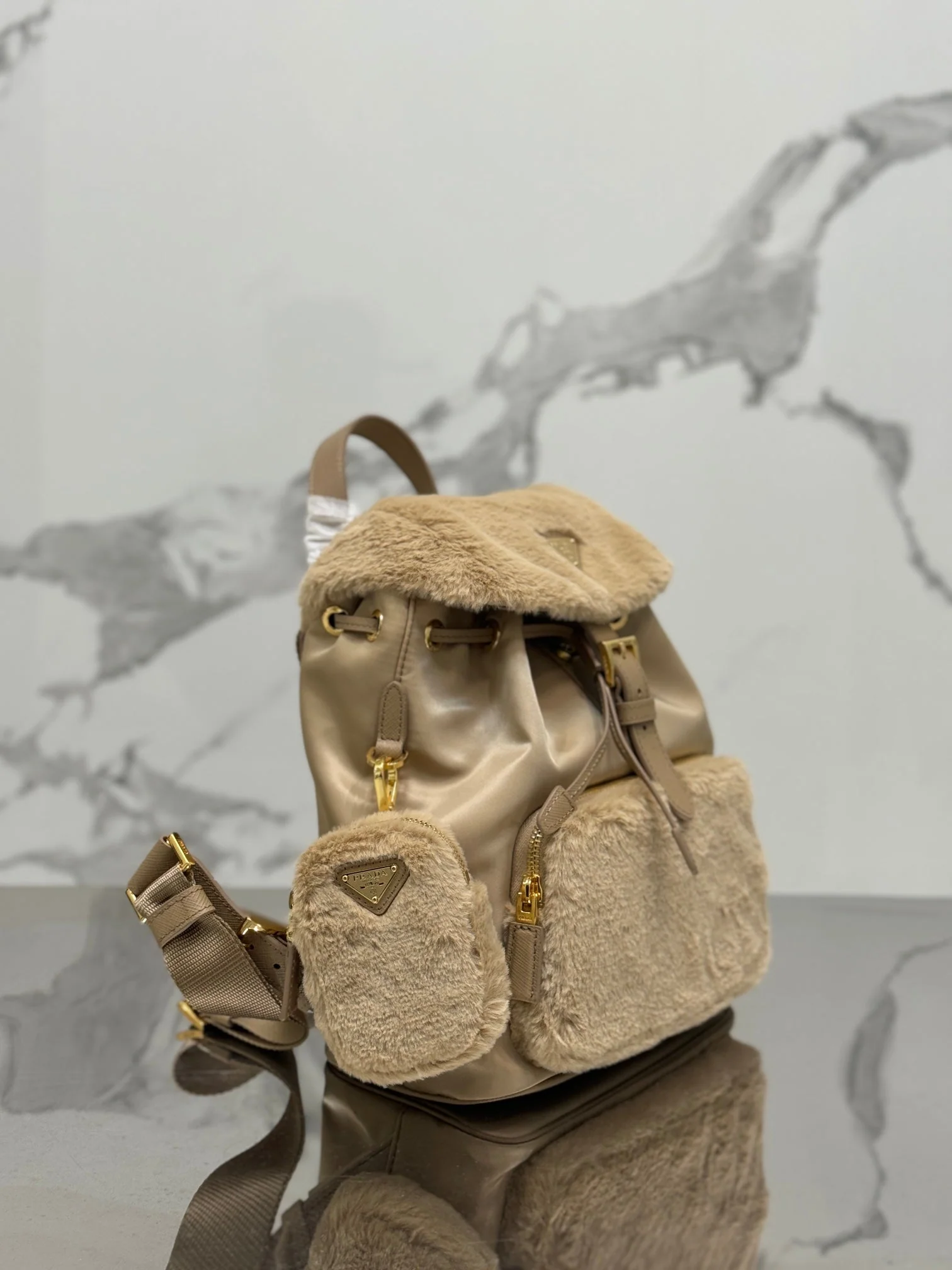 Prada BACKPACK 25 IN BEIGE PARACHUTE FABRIC AND RABBIT FUR
