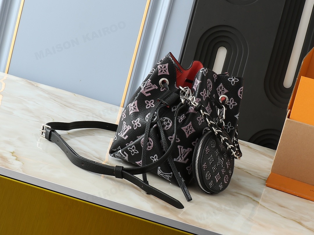 Louis Vuitton LV Mahina Bella Black Pink Gradient Perforated Monogram Leather Drawstring Bucket Shoulder Bag - KAIROO