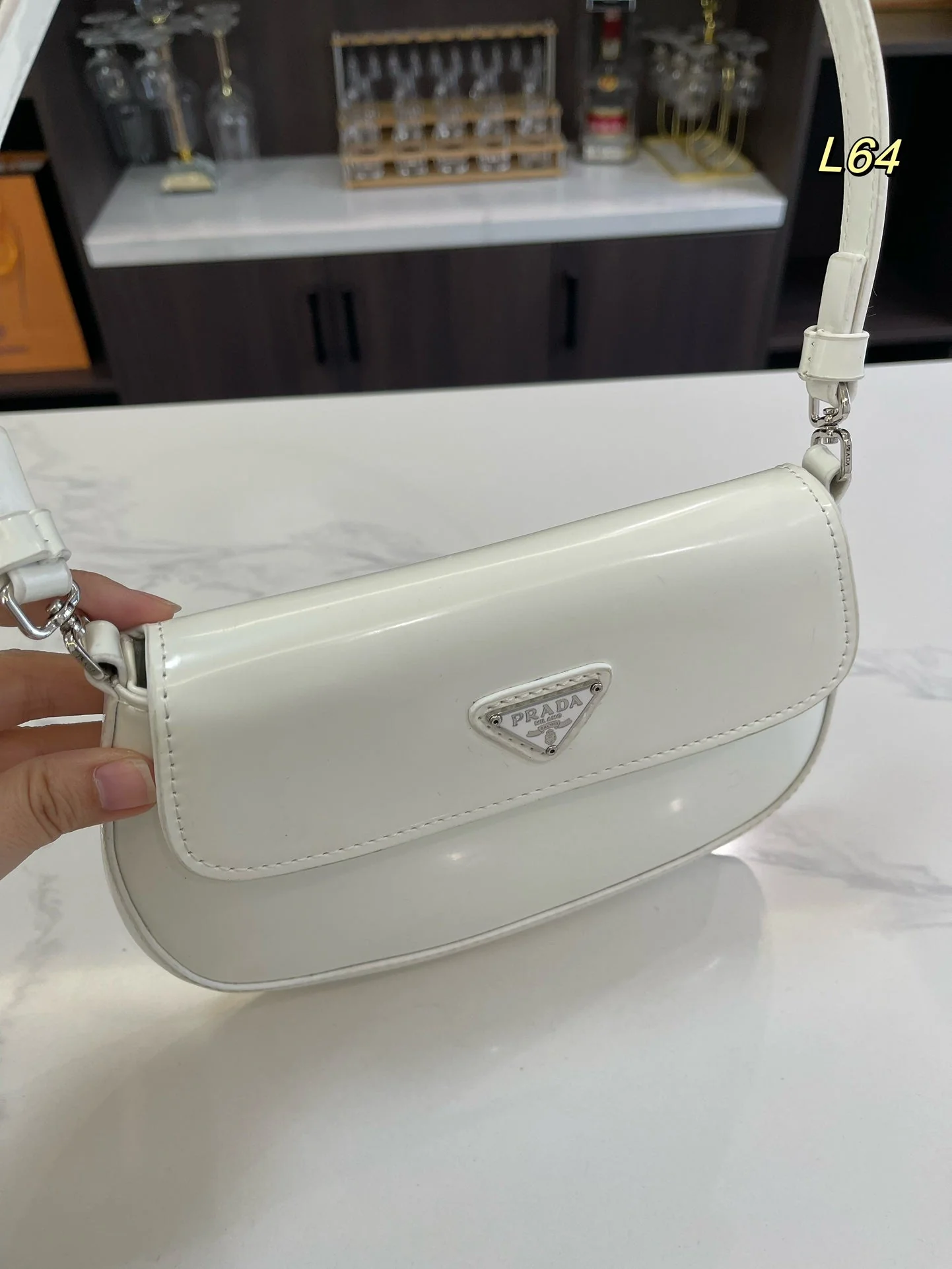Prada 25 CLEO FLAP SHOULDER BAG IN WHITE BRUSHED LEATHER