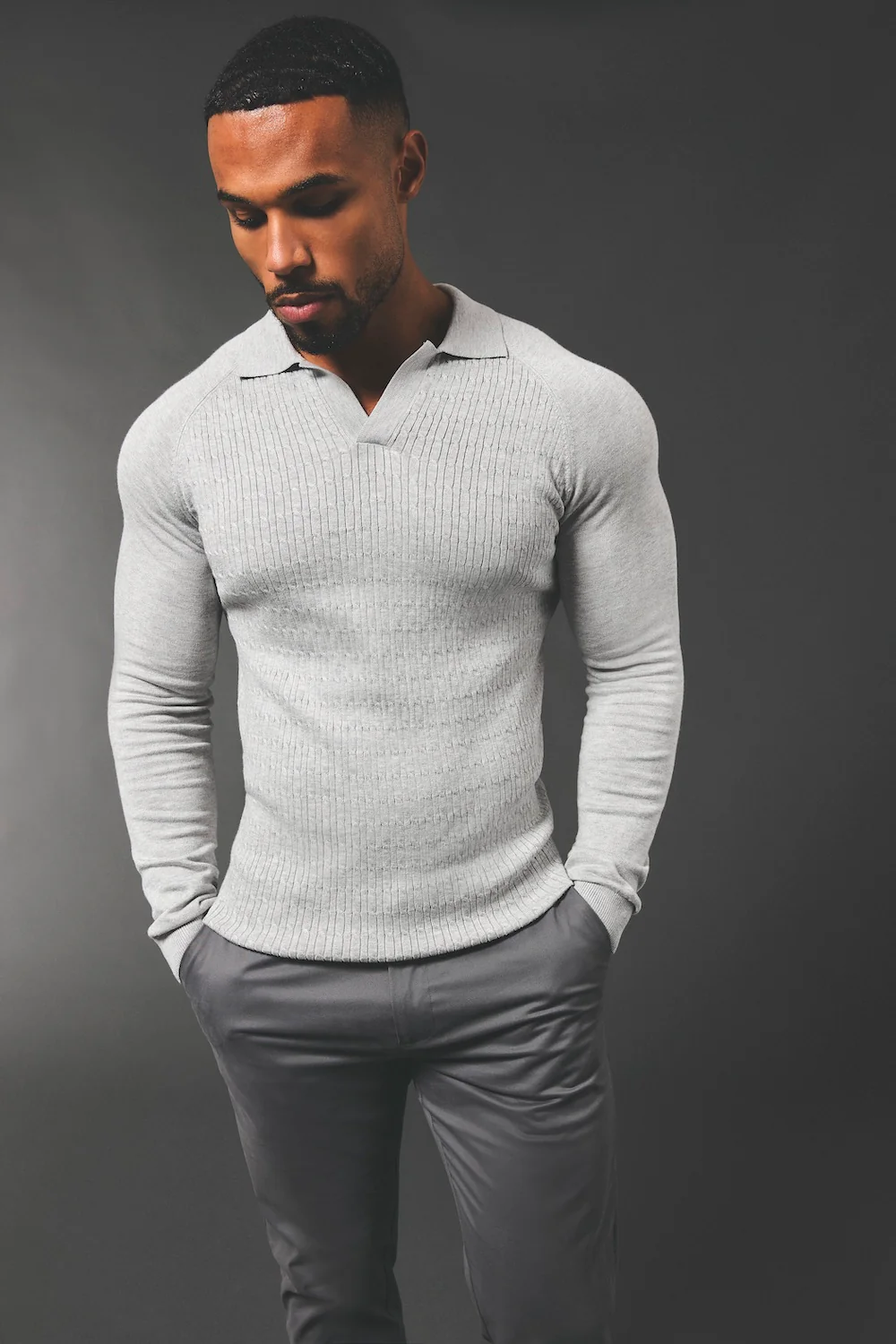 Fine Cable Knitted Polo Shirt in Light Grey Marl