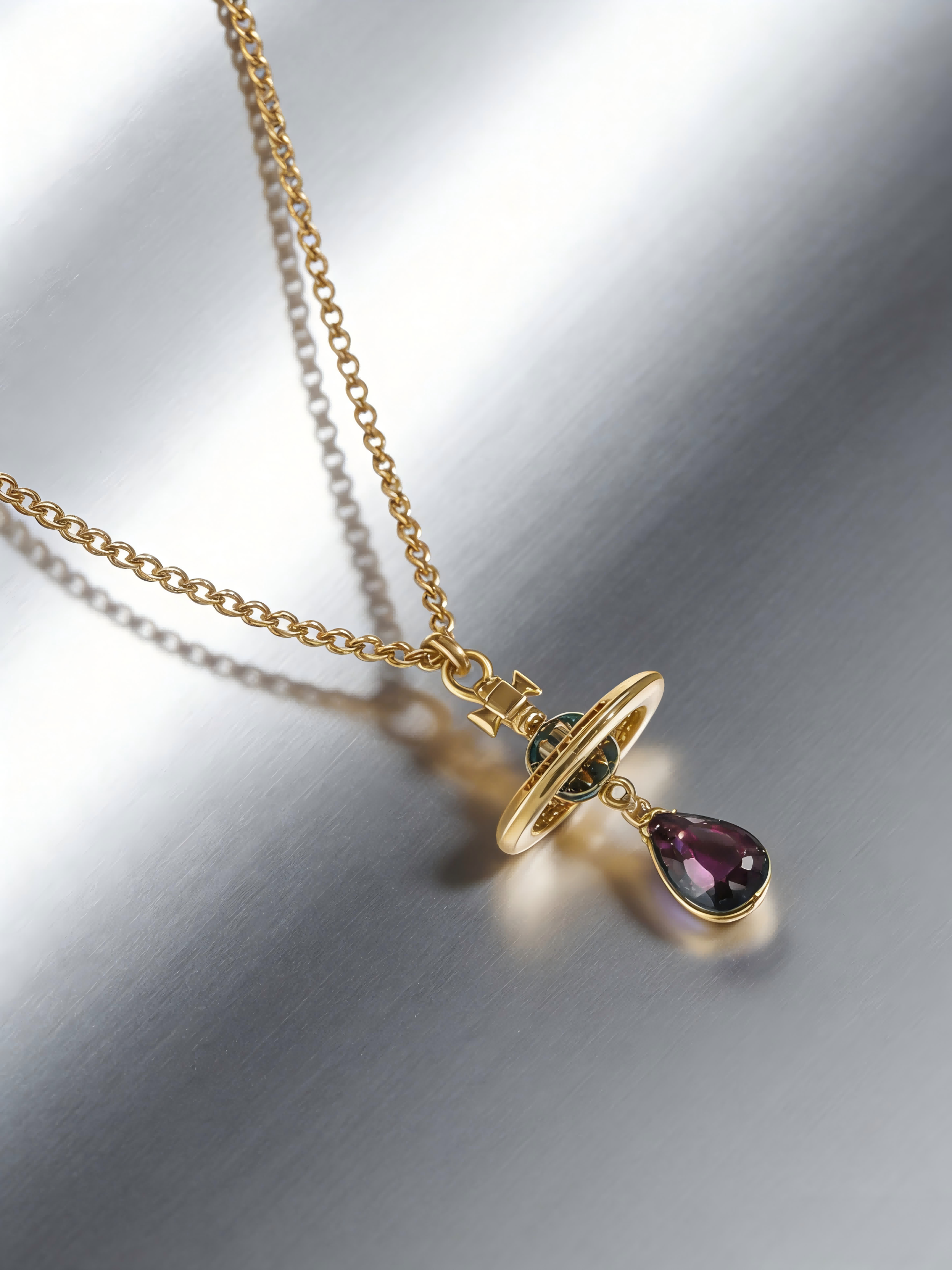 2026 New Gold-Tone Orb Necklace with Purple Teardrop Pendant, Dainty Vintage Jewelry for Daily Wear