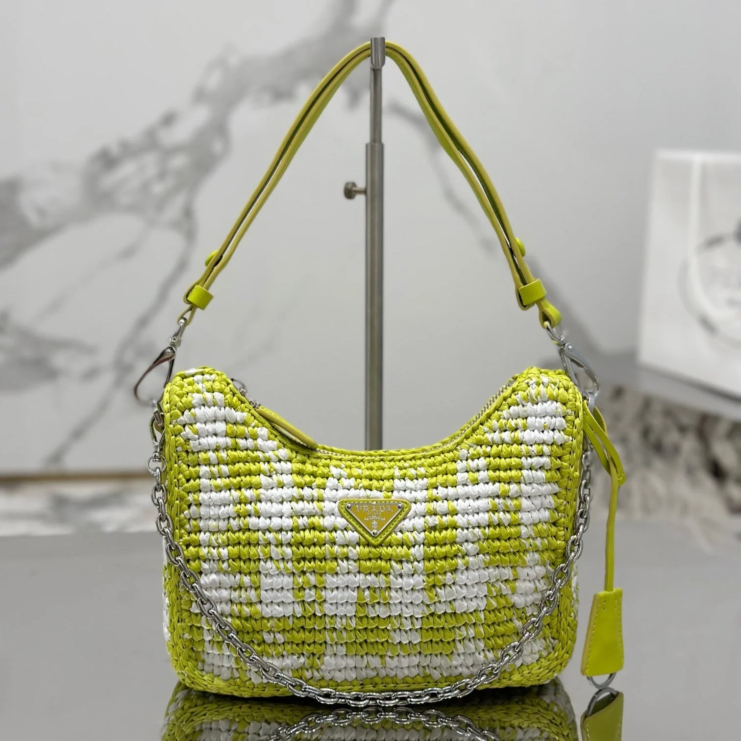 Prada CROCHET HOBO BAG 22 IN VOLT GREEN MIX WHITE RAFFIA SILVER HARDWARE