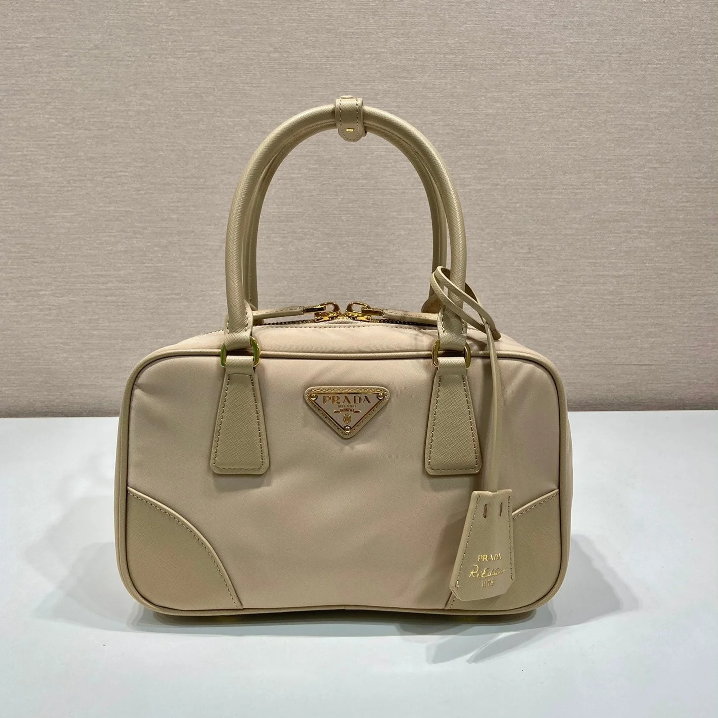 Prada SMALL TOP HANDLE BAG 25 IN DRIED MOSS NYLON AND CALFSKIN TRIM