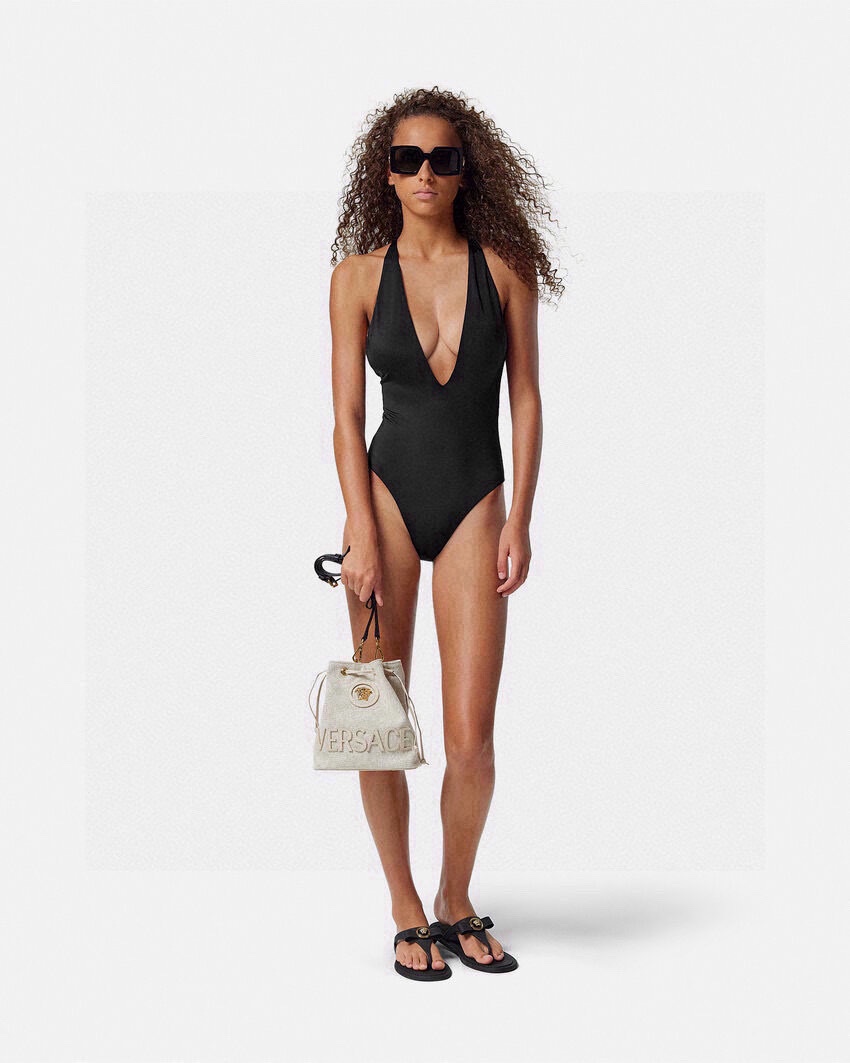 Versace Black Deep V Halter High-Cut One-Piece Swimsuit - KAIROO
