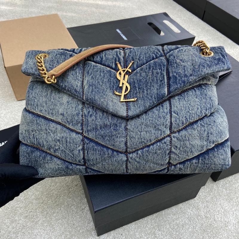 Saint Cream Denim Medium Puffer Bag 577475